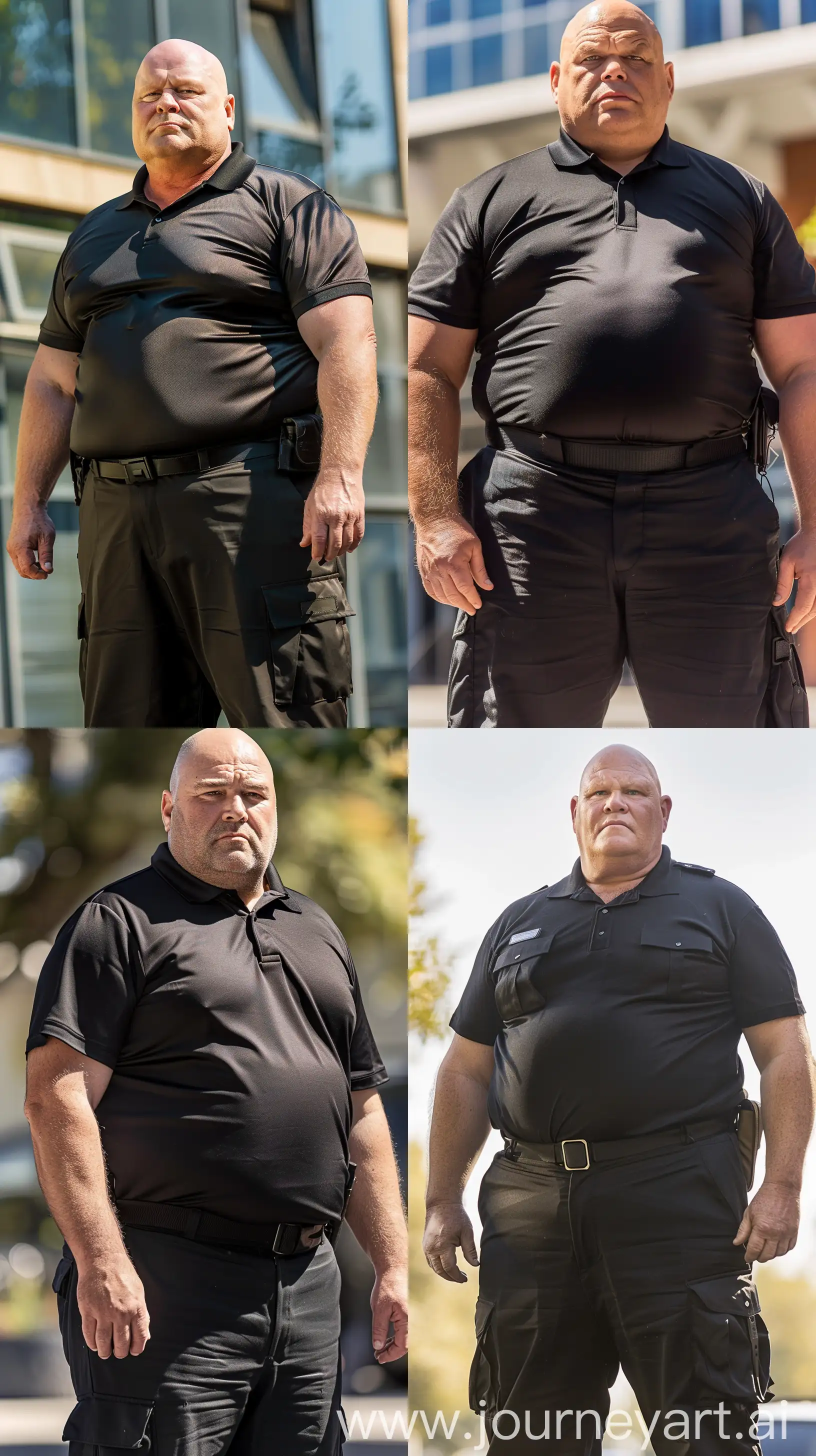 Front view extreme close-up photo of a very fat man aged 60 wearing a silk black security guard slim-fitted battle pants and a tucked in silk black polo sport shirt. Outside. Bald. Clean Shaven. Natural light. --style raw --ar 9:16