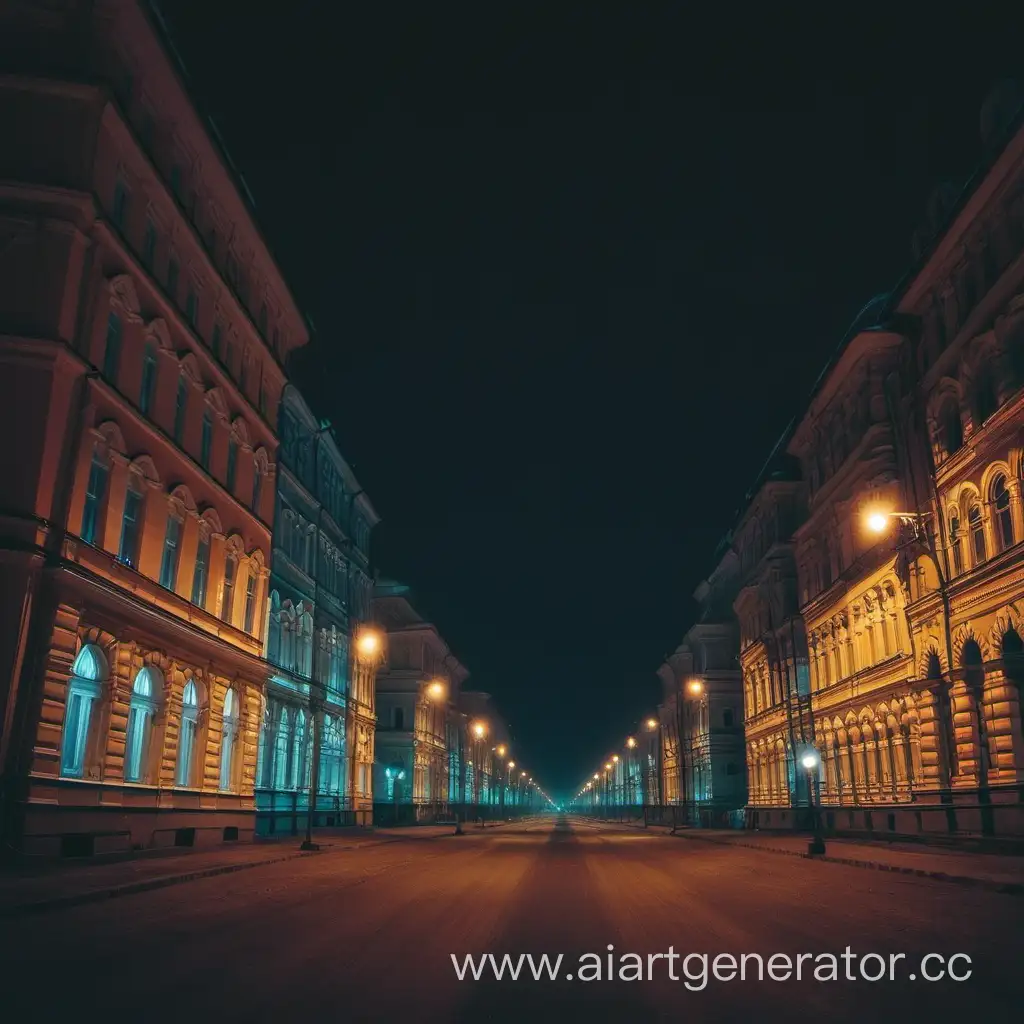 Nighttime-Scene-Vibrant-Russian-Street-Illuminated-by-Streetlights