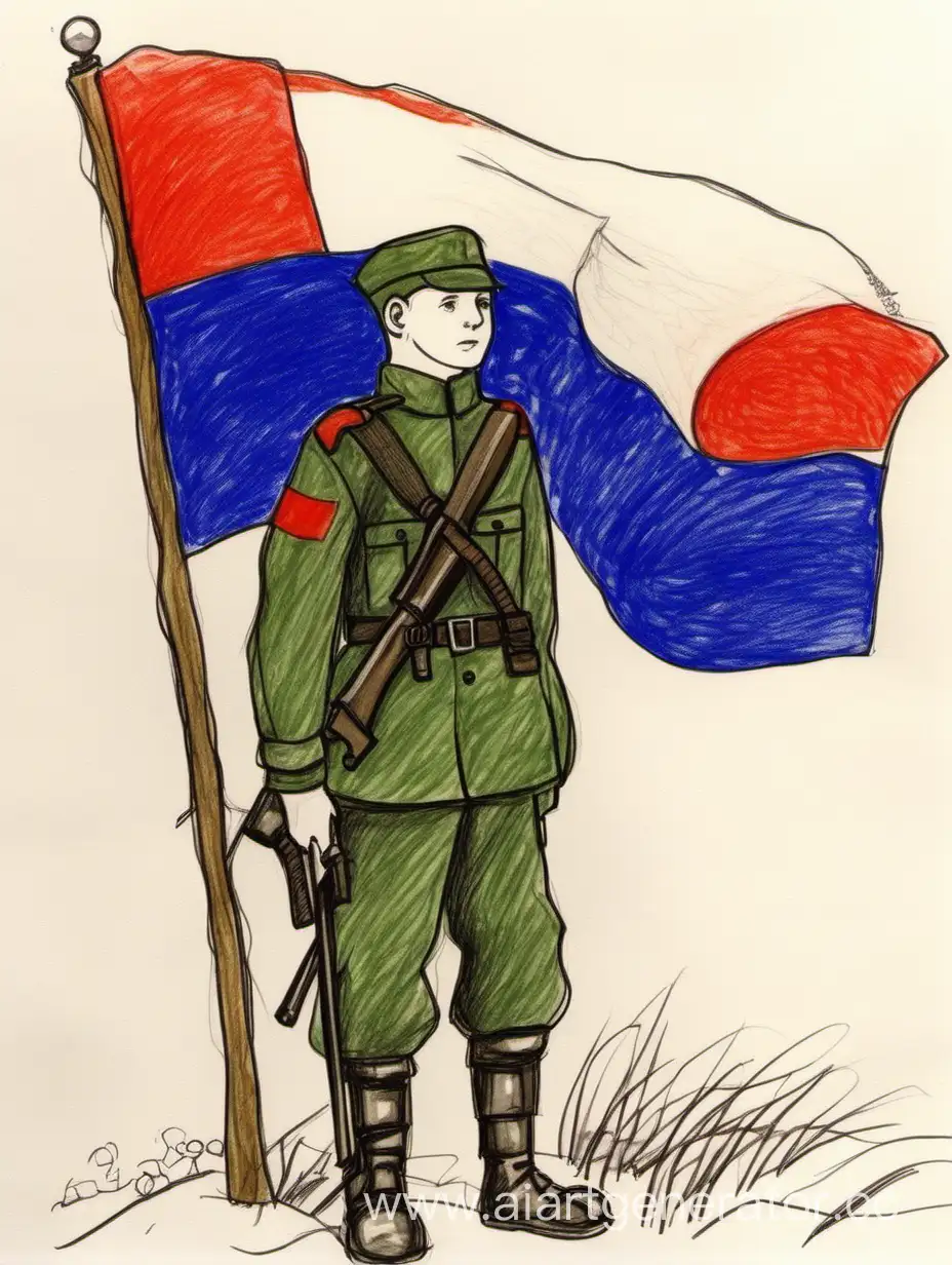 Рисунок российского солдата с флагом к 23 февраля на уровне 7 класса