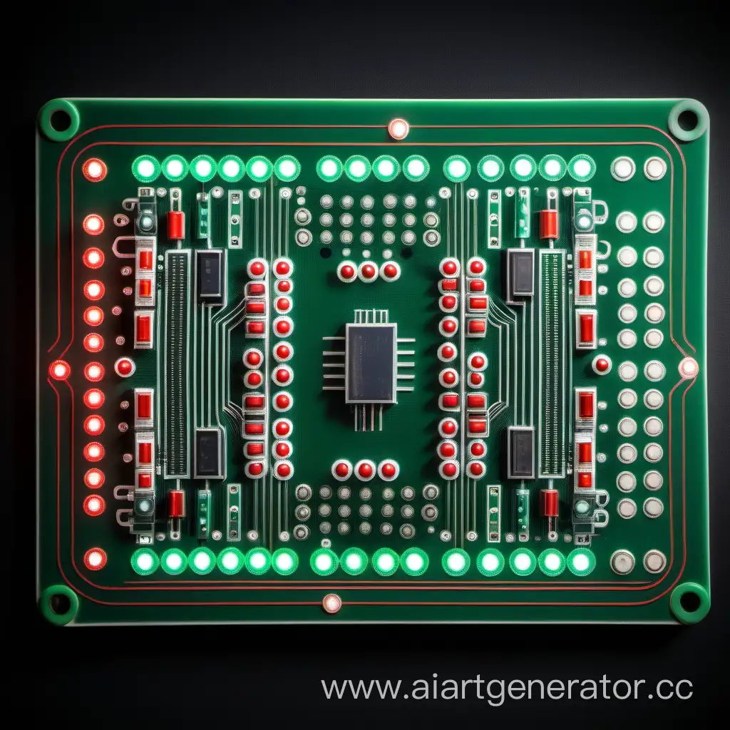 scheda elettronica con led verdi e rossi e circuiti integrati