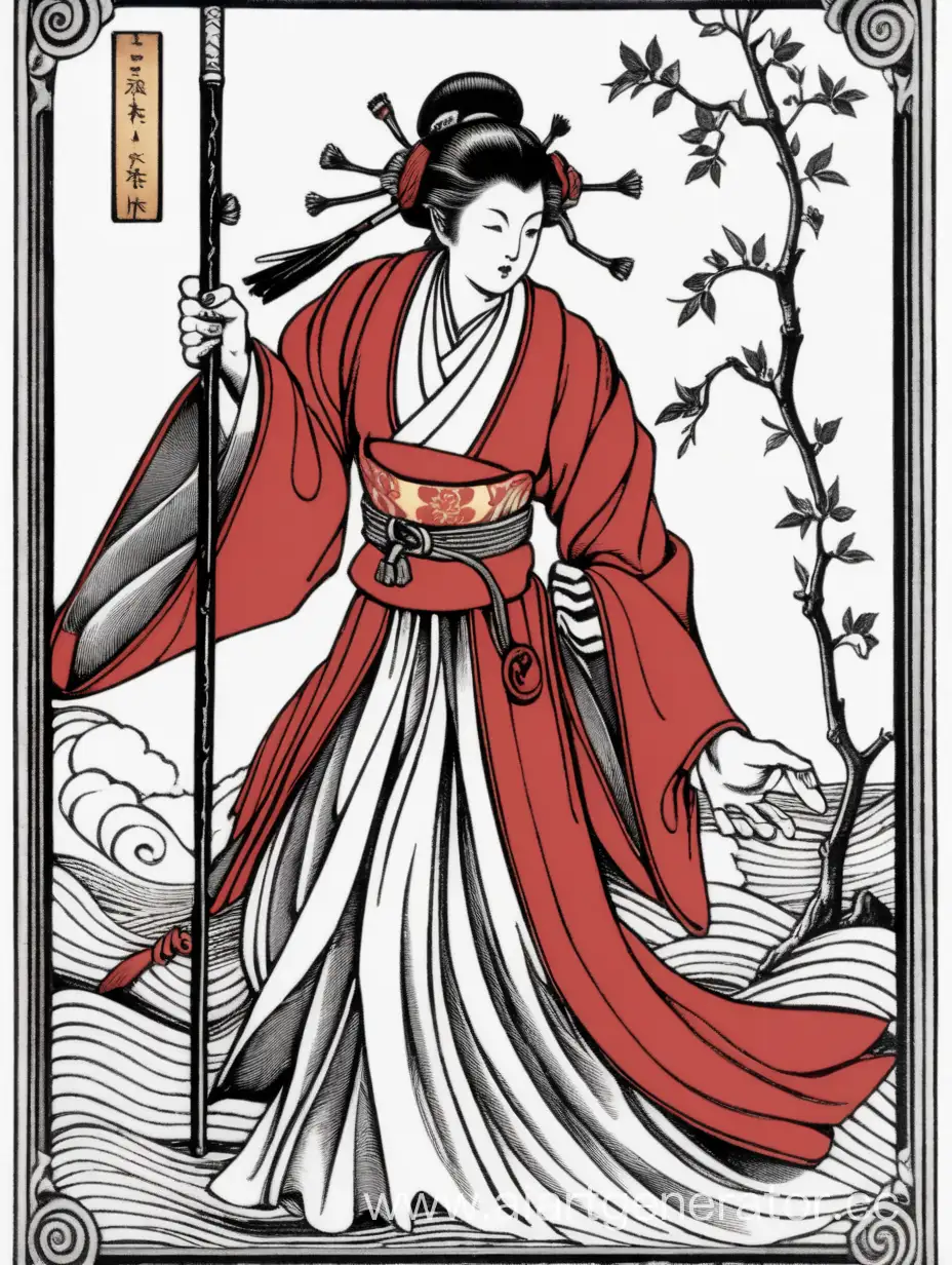 карта таро с изображением слуги шестов, в стиле японской фрески, в чёрно-бело-красных цветах