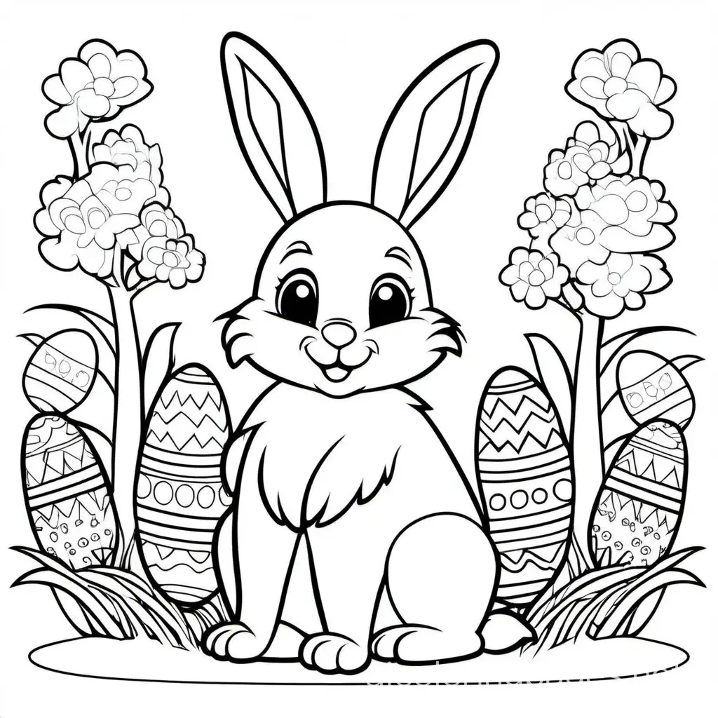 easter bunny, Coloring Page, black and white, line art, white background, Simplicity, Ample White Space. The background of the coloring page is plain white to make it easy for young children to color within the lines. The outlines of all the subjects are easy to distinguish, making it simple for kids to color without too much difficulty