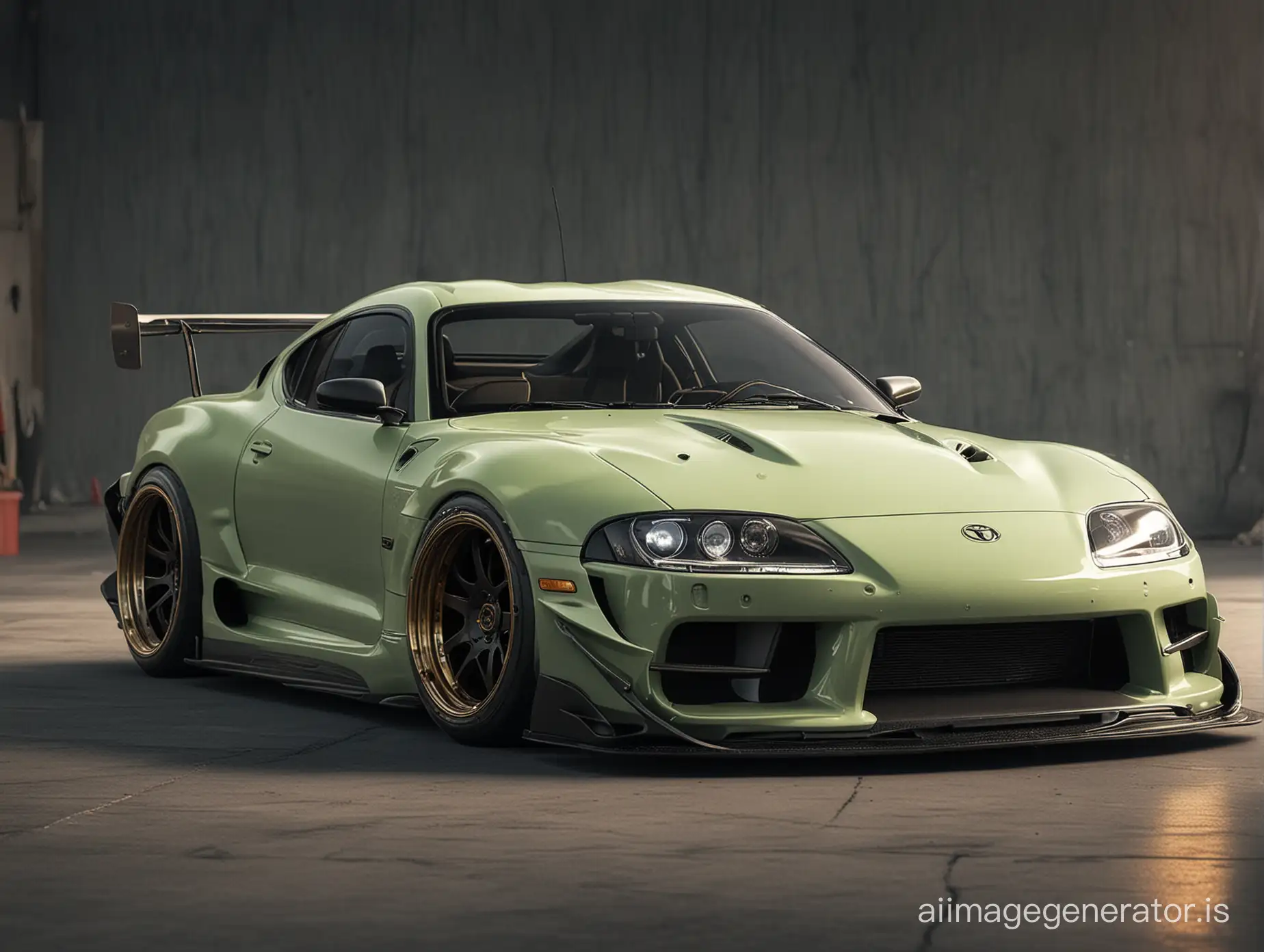 front view. Khyzyl Saleem extreme modified 1950 Toyota Supra. showroom. Realistic Photograph. no rear wing. No spoiler. 80mm lens. Realism. Realistic. Professional photograph.