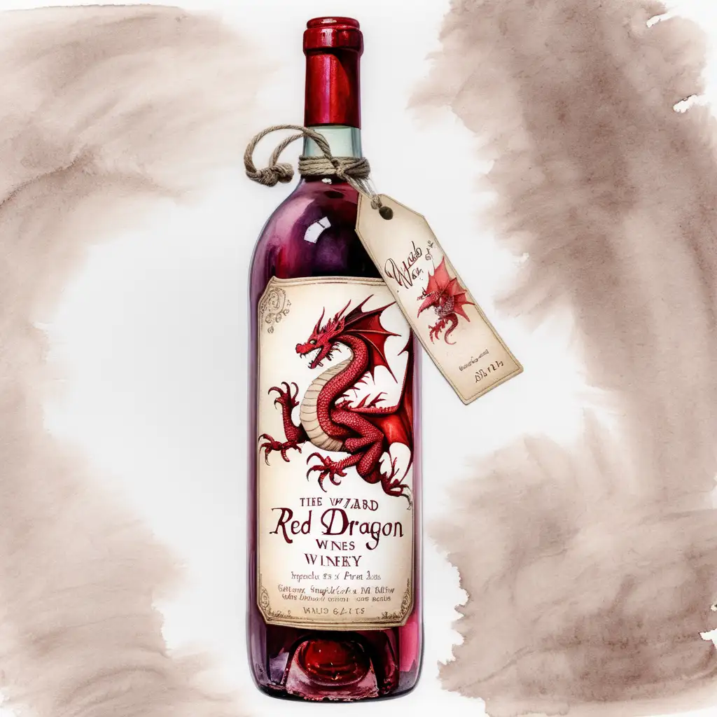 old empty wine bottle bearing a pretty label that says, “The Wizard of Wines Winery Red Dragon Crush 331422-W”, dark watercolor drawing, no background
