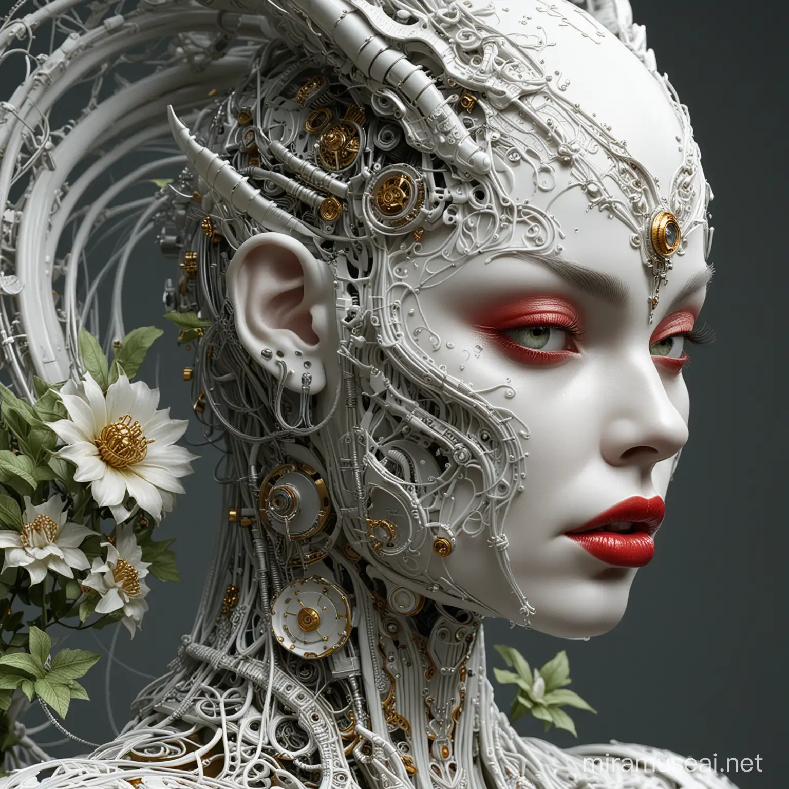 complex 3D rendering hyper detailed ultra sharp beautiful porcelain dragon face profile mechanical cyborg 1 5 0 mm beautiful rich natural soft light edge light studio light large spring flowers and green stems wavy roots fine leaf lace silver gold filigree details , alexander mcqueen high fashion haute couture , pearl earrings , art nouveau fashion embroidered , steampunk , mesh wire , hyperrealistic , mandelbrot fractal , anatomical , red lips , white metal armor , facial muscles , cable wires , microchip , elegant , octane design , v . r. giger style, 8 k