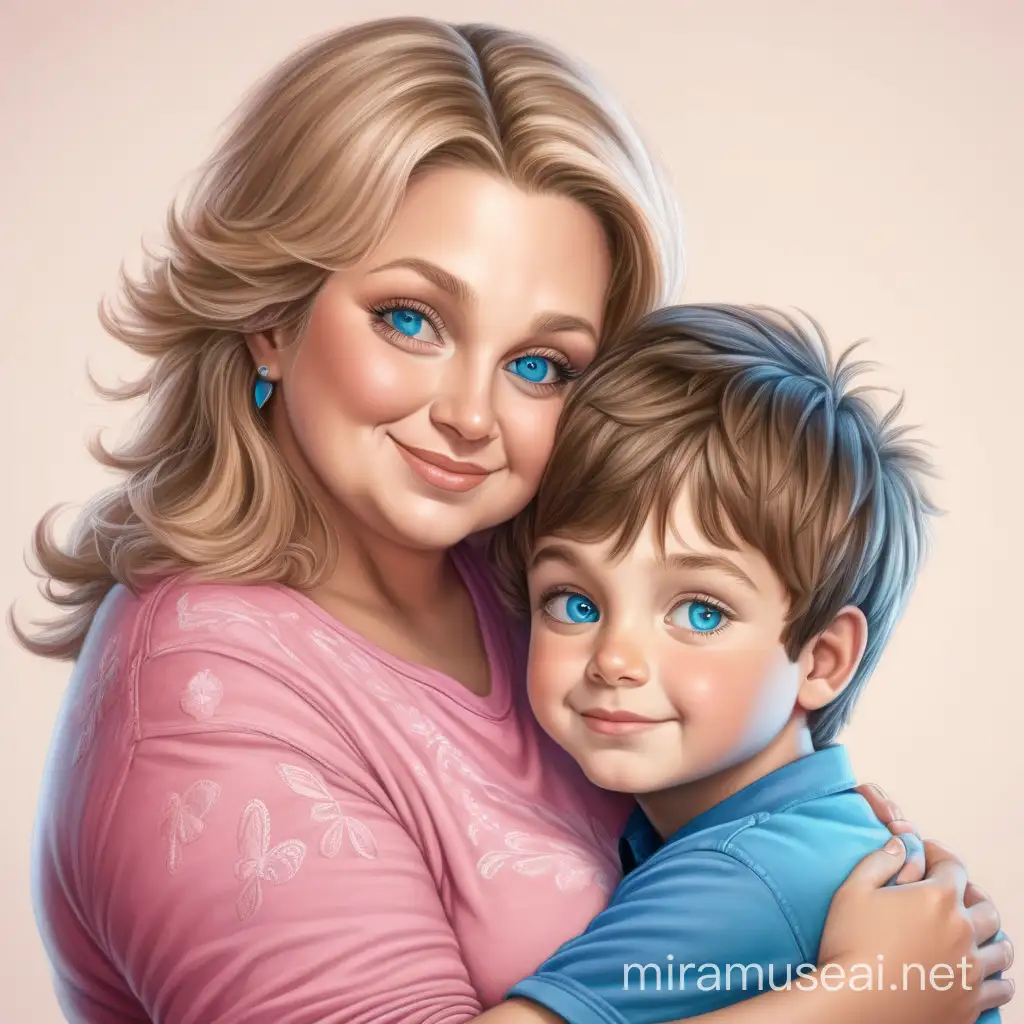 A beautiful chubby woman with fair hair and brown eyes hugs a 7-year-old boy with fair hair and blue eyes. You can see that this is his mother and she loves him and the boy loves her very much. The colors are pink and blue