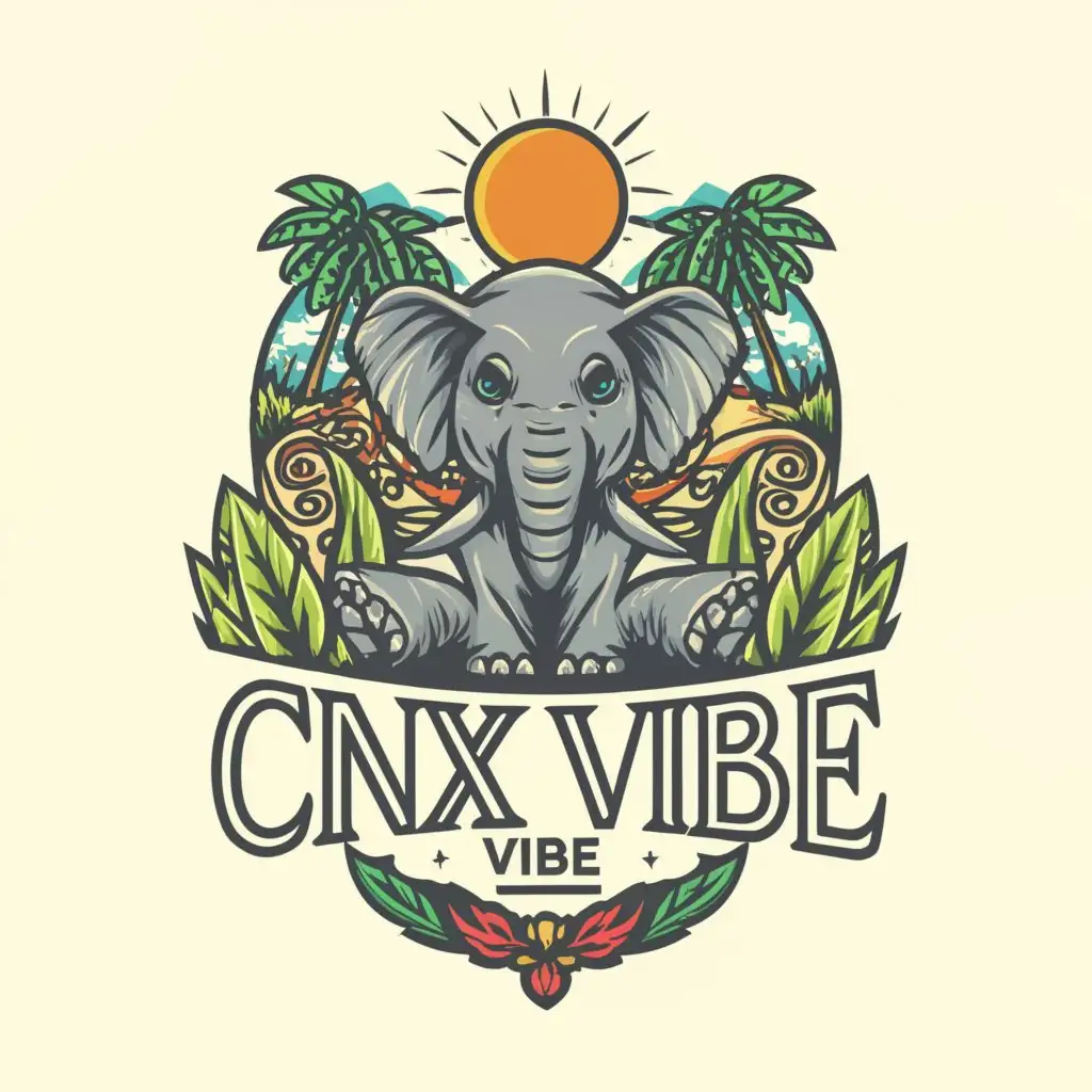 a logo design, with the text CNX VIBE, main symbol: happy elephant, moderate, be used in travel industry, clear background, Modern font, green mountain forest, Thailand, Chiang Mai, old school tattoo style
