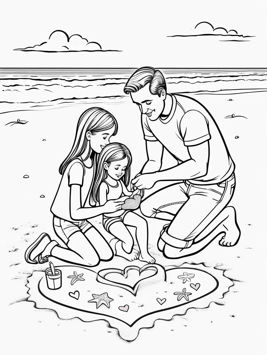 Cute, fairytale, whimsical, cartoon, younger Daddy and daughter making Valentine's Day-themed sand art at the beach, black and white, thin lines, coloring page, simplistic, aspect ratio 9:11, no shading