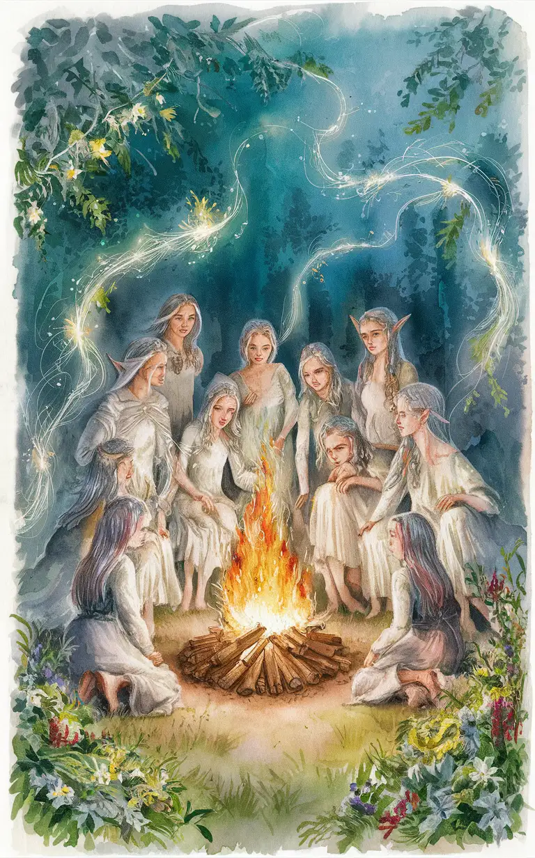midsummer elven night aesthetics, bonfire, magical sparks from the fire, herbs and flowers, russian forest, love and beauty,  aquarelle style, magical, silver pigment, watercolor drawing