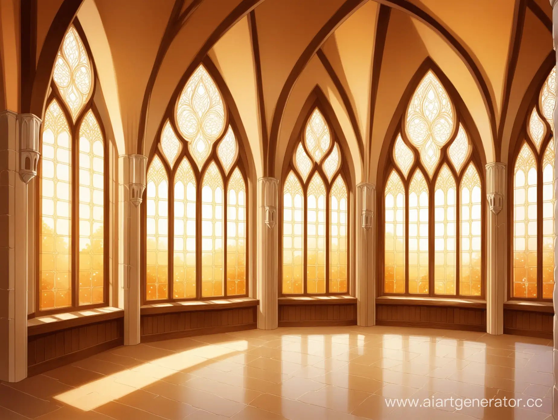 светлый зал с большими окнами в эльфийском стиле в теплых оттенках