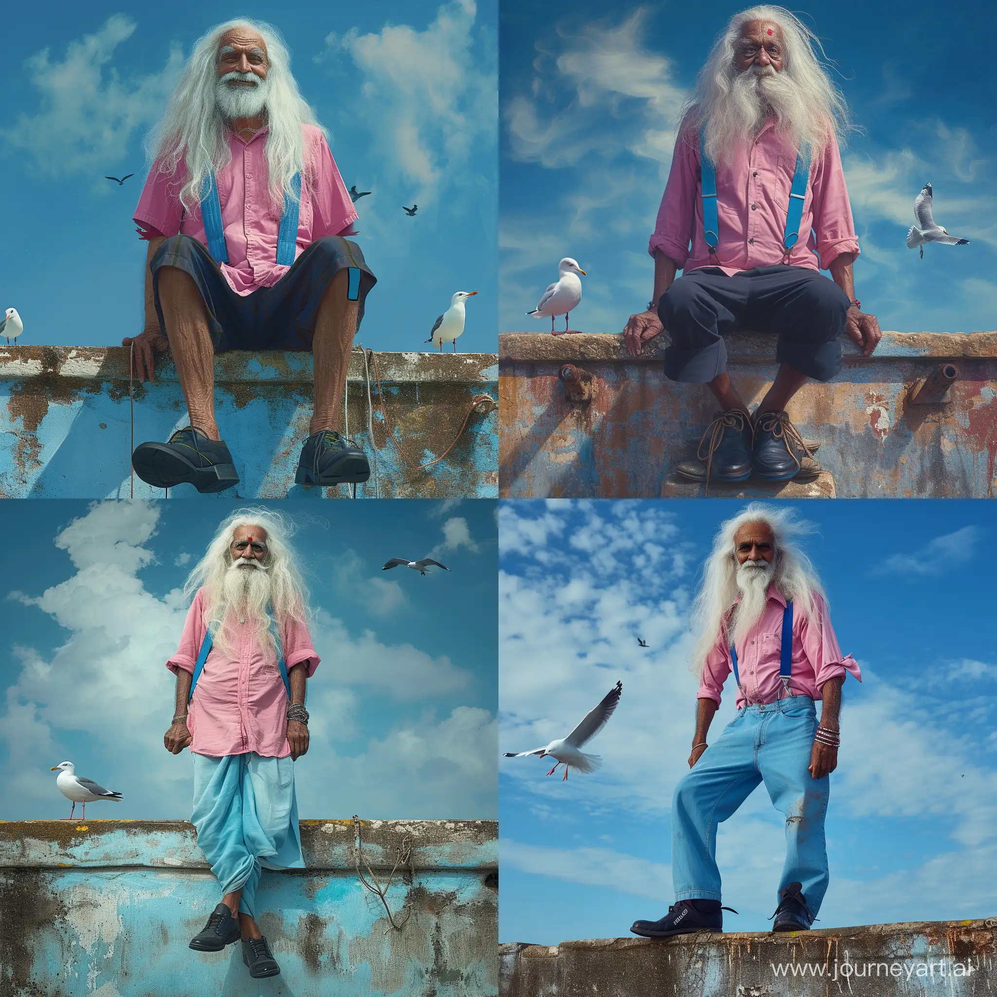 Elderly-Indian-Hippie-Man-in-Pink-Shirt-and-Blue-Suspenders-on-Old-Wall-with-Seagull