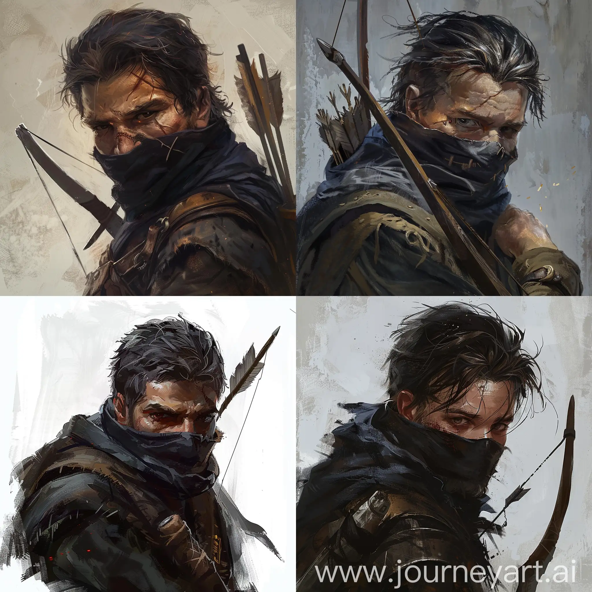 Portrait of a medieval rogue, condescending look, cool espada figure, holding short bow, portrait of a medieval man, he is ugly, and wearing a black scarf on his face dungeons and dragons style, ar 3:4, niji 6