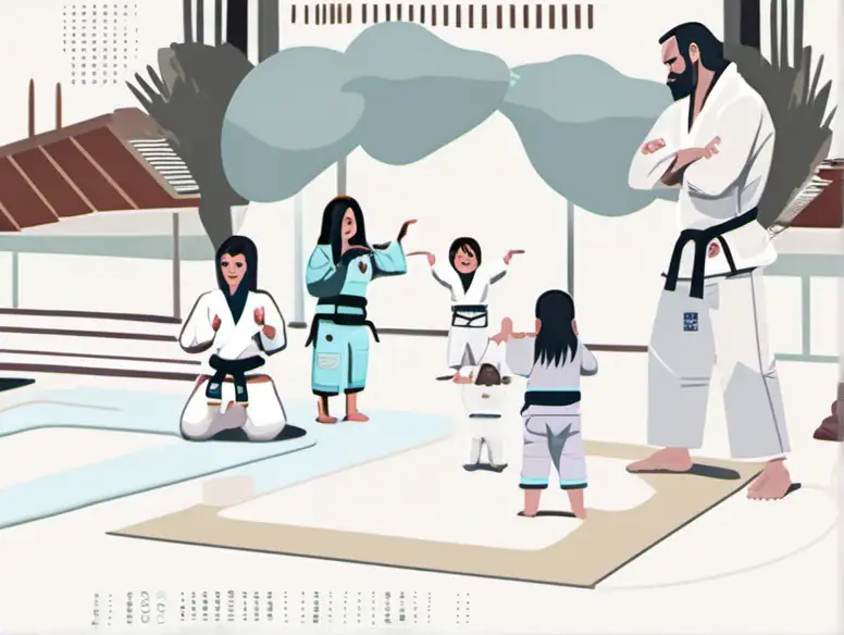 a FAMILY of 5 with 3 kids 2 daughters and a son all doing jiu jitsu and the mother with dark blonde long hair taking photos of the family in the dojo vintage aesthetics, wallpaper, animated gifs,  illustration