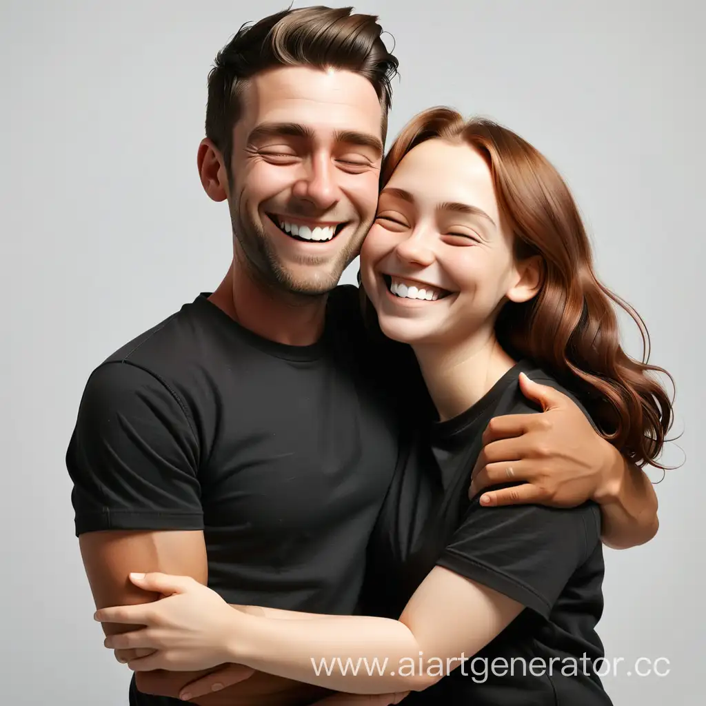 мужчина с женщиной в черной футболке улыбаются в обнимку