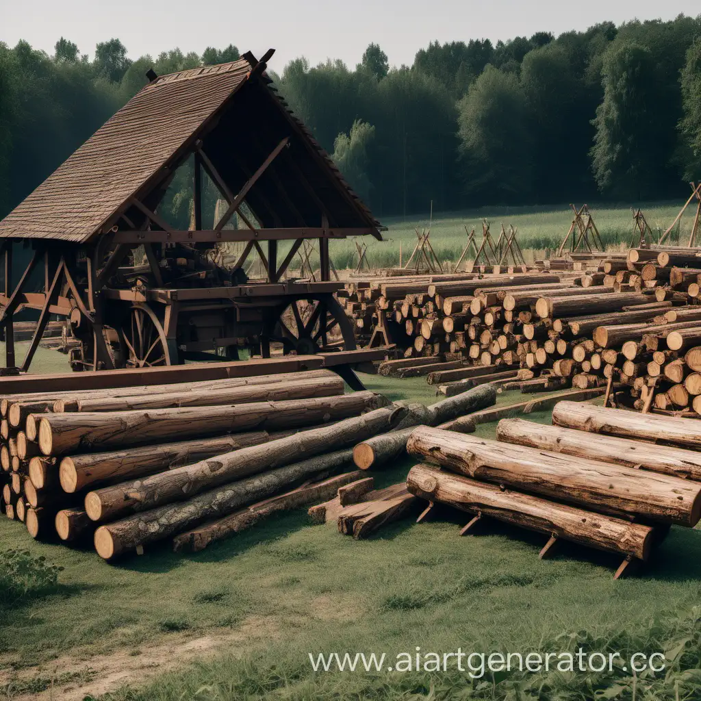 Medieval-Sawmill-Processing-Wooden-Logs-in-a-Field