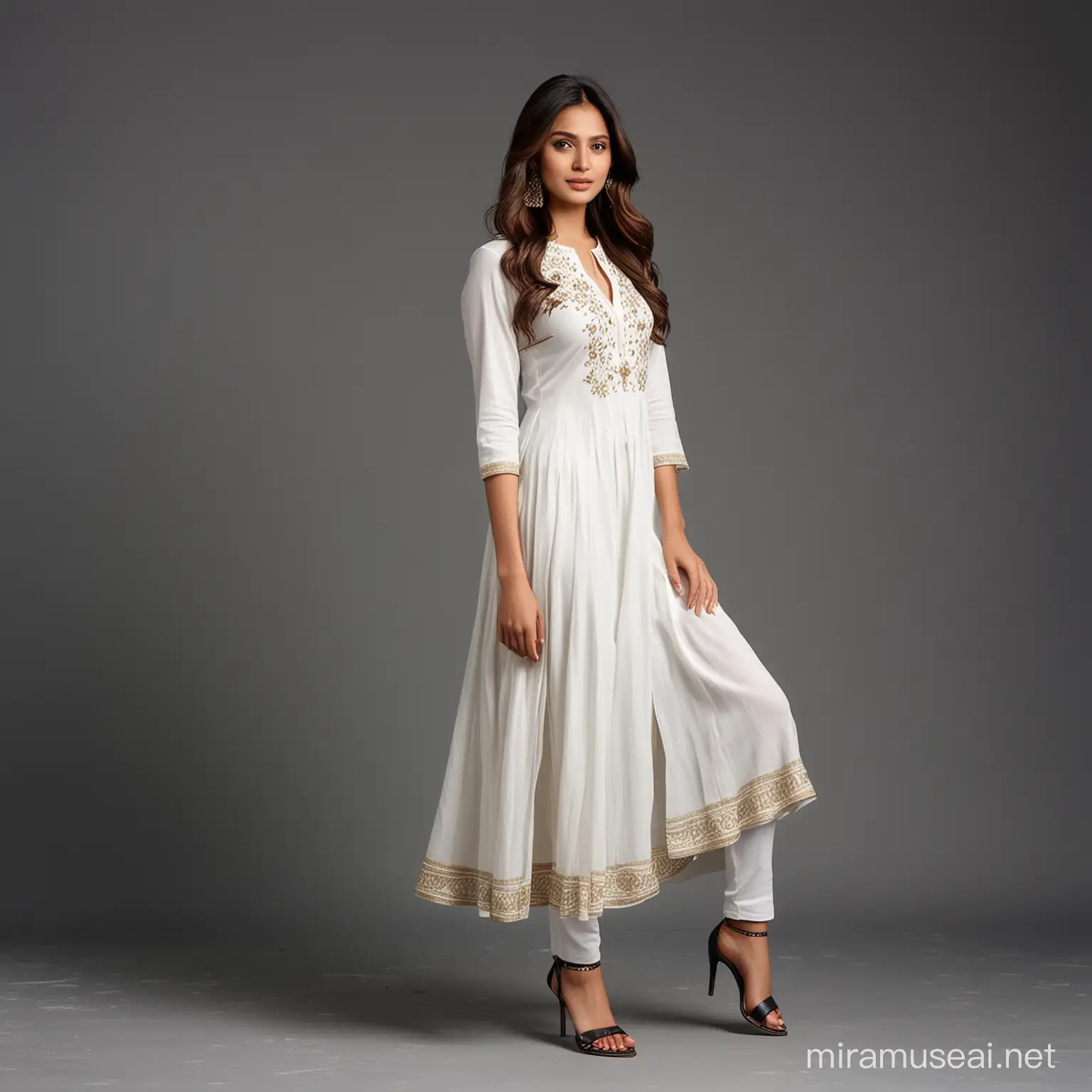 Stylish Smart Model in White Eastern Dress on Dark Grey Background