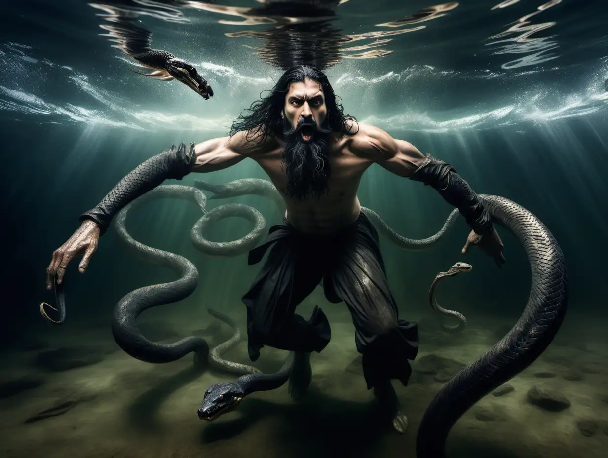 An underwater view of a 16th century Spanish man with black long hair, a black long beard, shirtless who is becoming a snake from the waist down. The river is very muddy. He is entirely submerged in  swimming. In the background of the underwater scene, there are three men who have fully transformed into snakes and are swimming aggressively. The style is extremely photo realistic. 