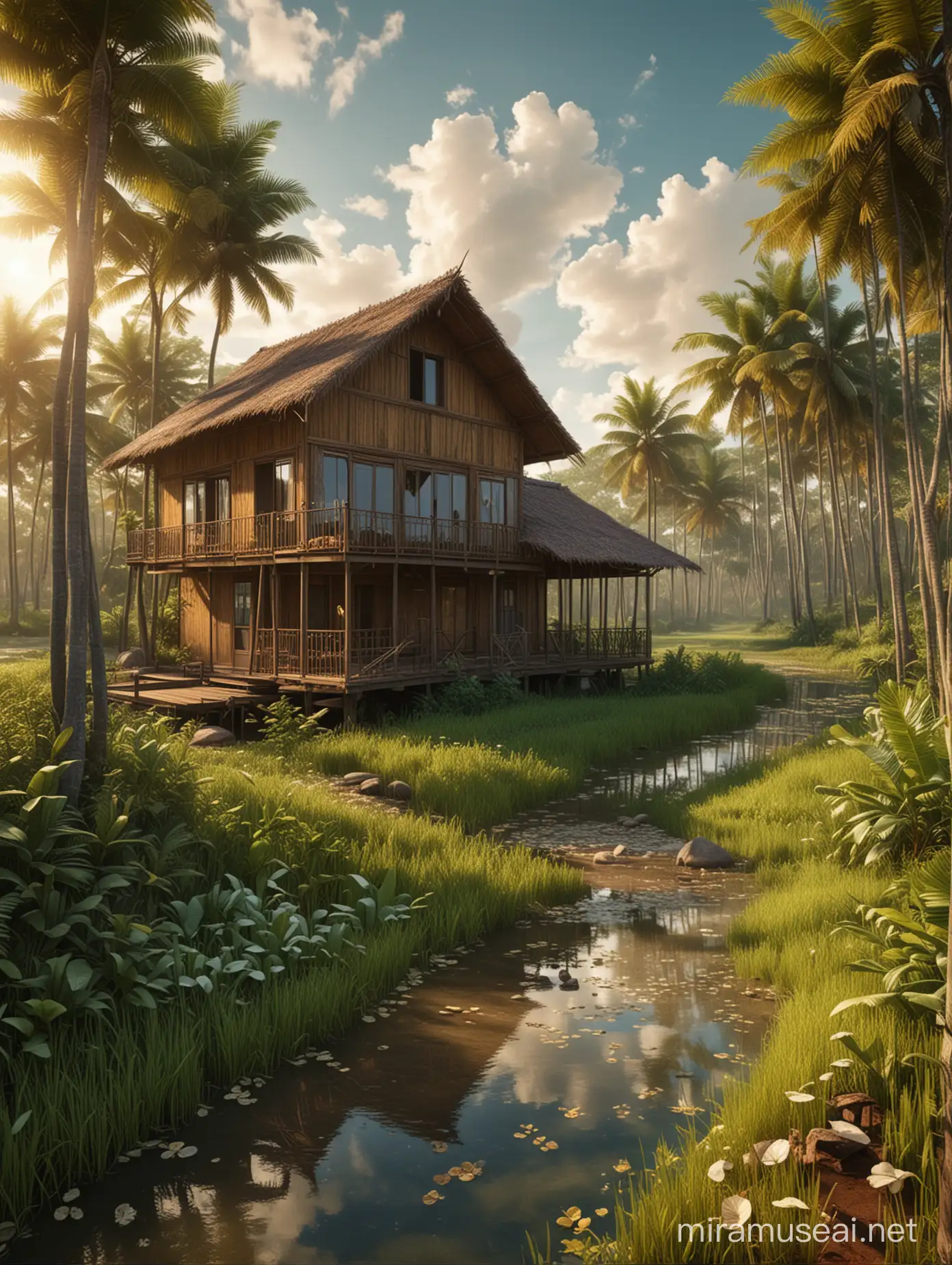 /imagine prompt: hyperrealistic HDR photo, very extreme close up wide view, an old realistic wooden house in the middle of a rice paddy field, with wooden walls, a rusty zinc roof, a very detailed design, highly detailed, a green yellow rice field, there are shady coconut trees on the side, leaves blowing in the wind, a dirt road in front, a calm and peaceful atmosphere, the wind blowing in the breeze, dry leaves flying and falling, perfect light, puffy clouds and , contemporary architecture, 3d, realistic, 32k, crepuscular rays, anna_dittmann, anne bachelier, 16 bit, alcohol ink, 3d printed, architectural photography, forest background, river background, Casual wear, businessman, asian, 1940s, cabin --v 5