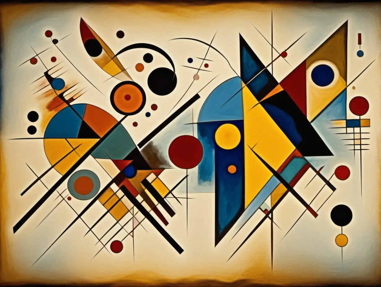 in style of w. Kandinsky create abstract art with variety of shapes with warm tones and some blue and yellow with a mix of large and medium sized spaced and shaped unevenly in a 4:3 ratio horizontal and image should not bleed to edge