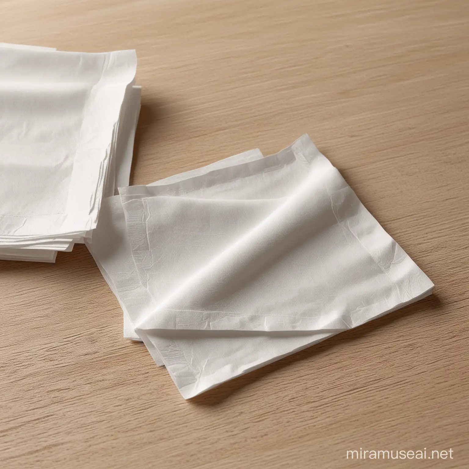 create realistic mockups of 3-ply paper white napkins lying on a table in interior 