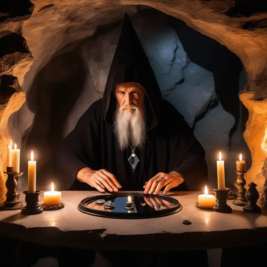 in a secret cave with wall sconces & candles  there is an  ancient sorcerer using a black Obsidian mirror for divination. there is a  a hand made of stone on the table for palmistry , 