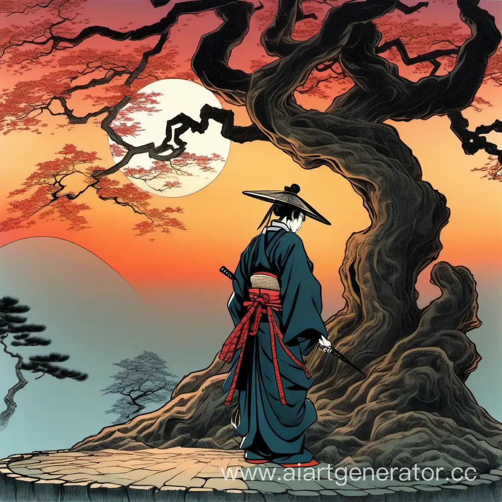 Samourai priant près d'un magnifique érable du japon bien feuillu au coucher du soleil, lune naissante