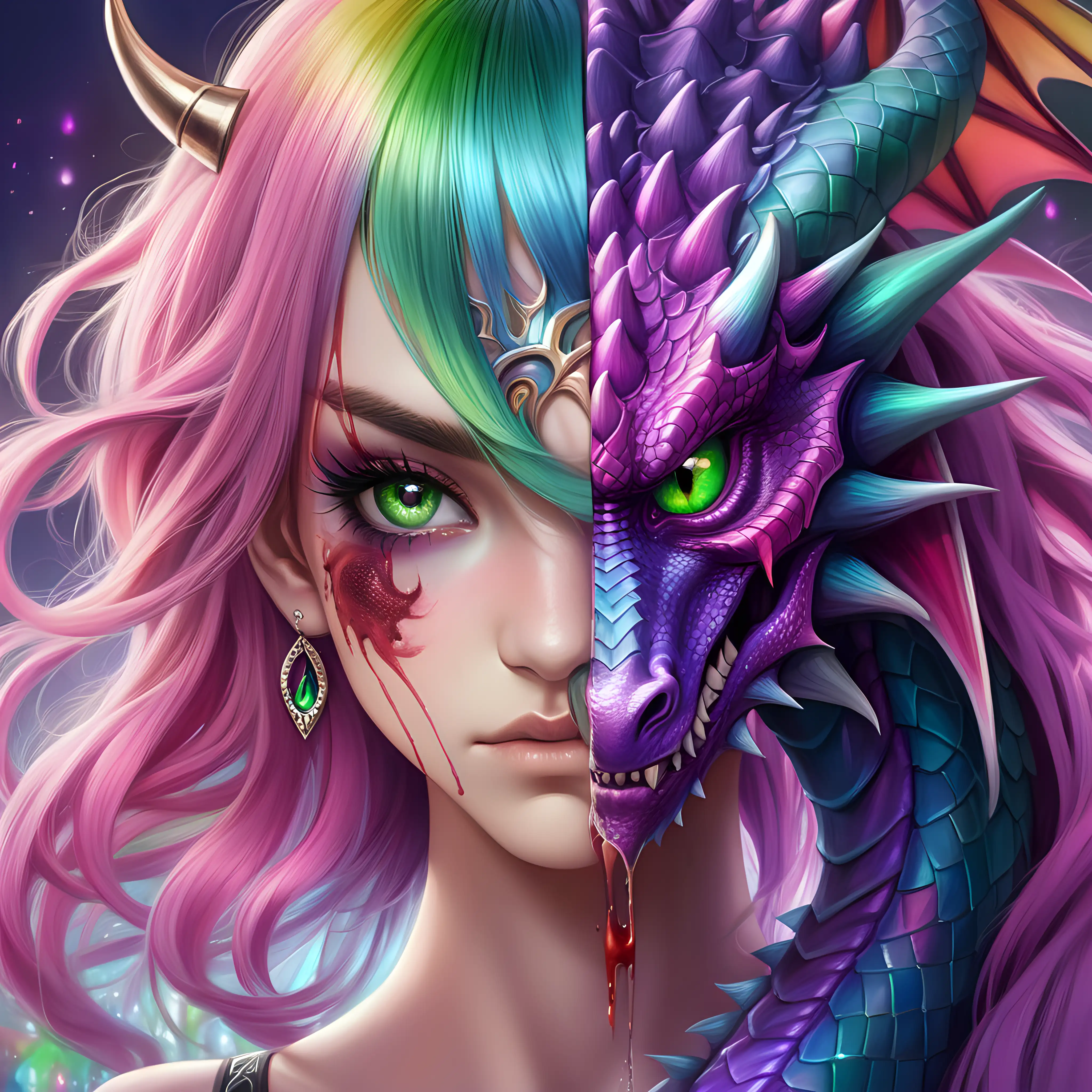 young woman whose left side of her face is beautiful with green eyes and long lashes, the right side of her face is a pink and purple dragon with green eyes, there is tear down the middle of her face with blood oozing, her makeup is glamorous, she has rainbow hair and the scene is magical