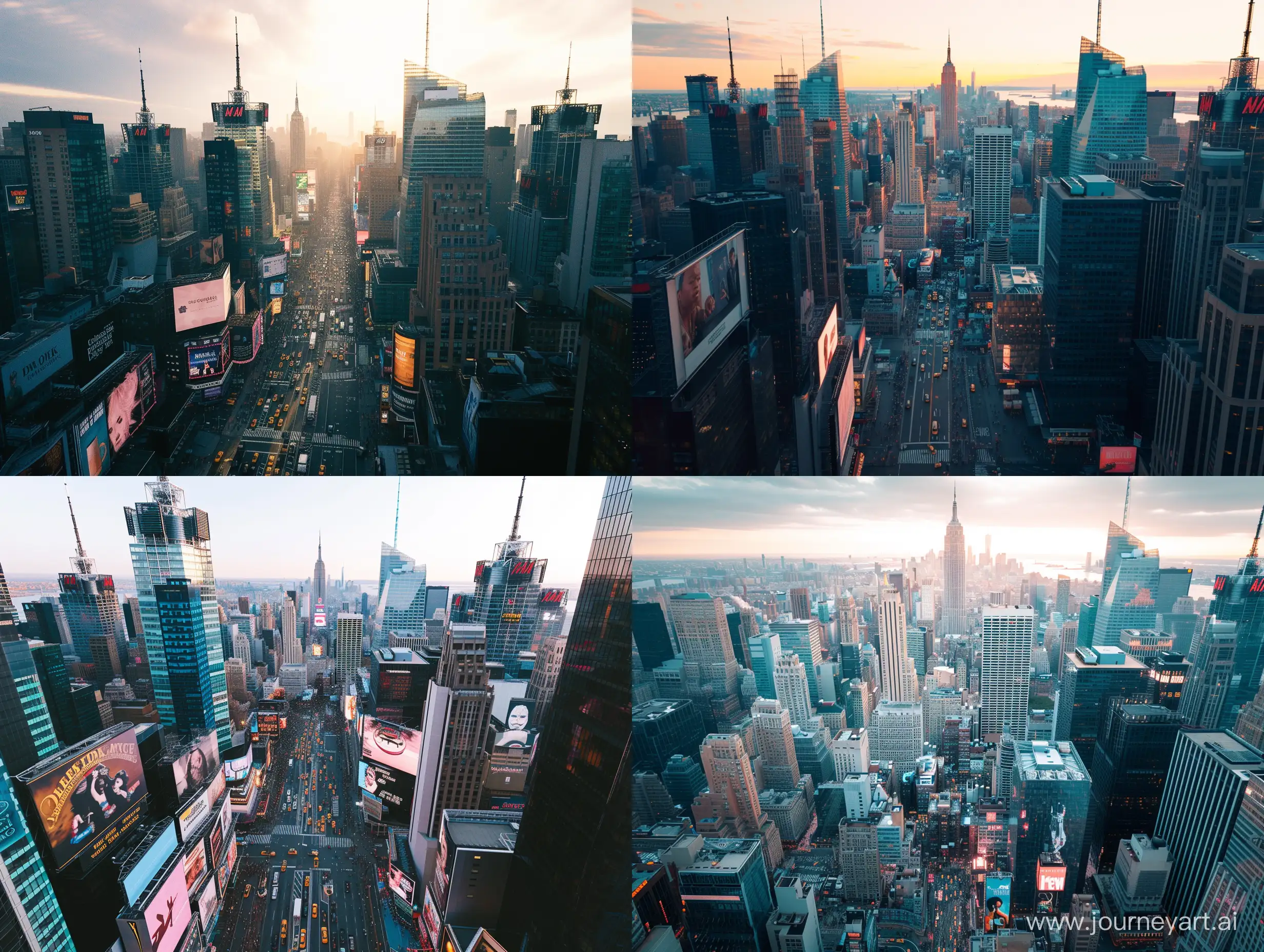 photo of new york skyline, kodak gold 200, natural lighting, drone view, billboards, busy city environment