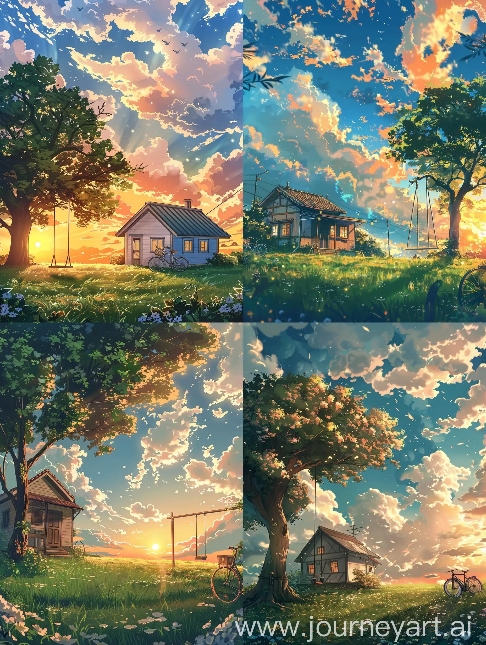 An anime cottage is situated in Grass field and a swing on a tree with white clouds and sunset and a bicycle beside the anime cottage 