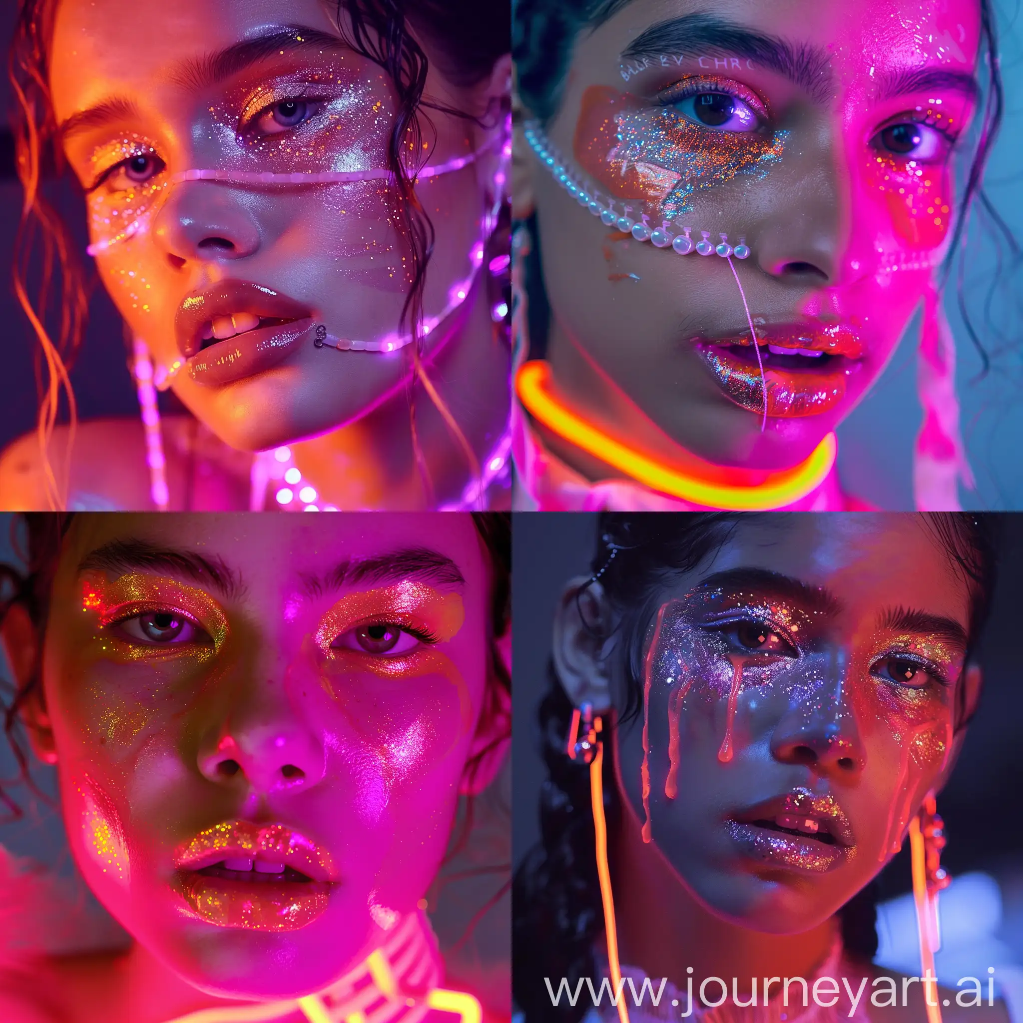 Beautiful-Mexican-Girl-with-Pearly-and-Opalescent-Makeup-in-Balenciaga-Fashion-Pink-and-Orange-Neon-Lighting