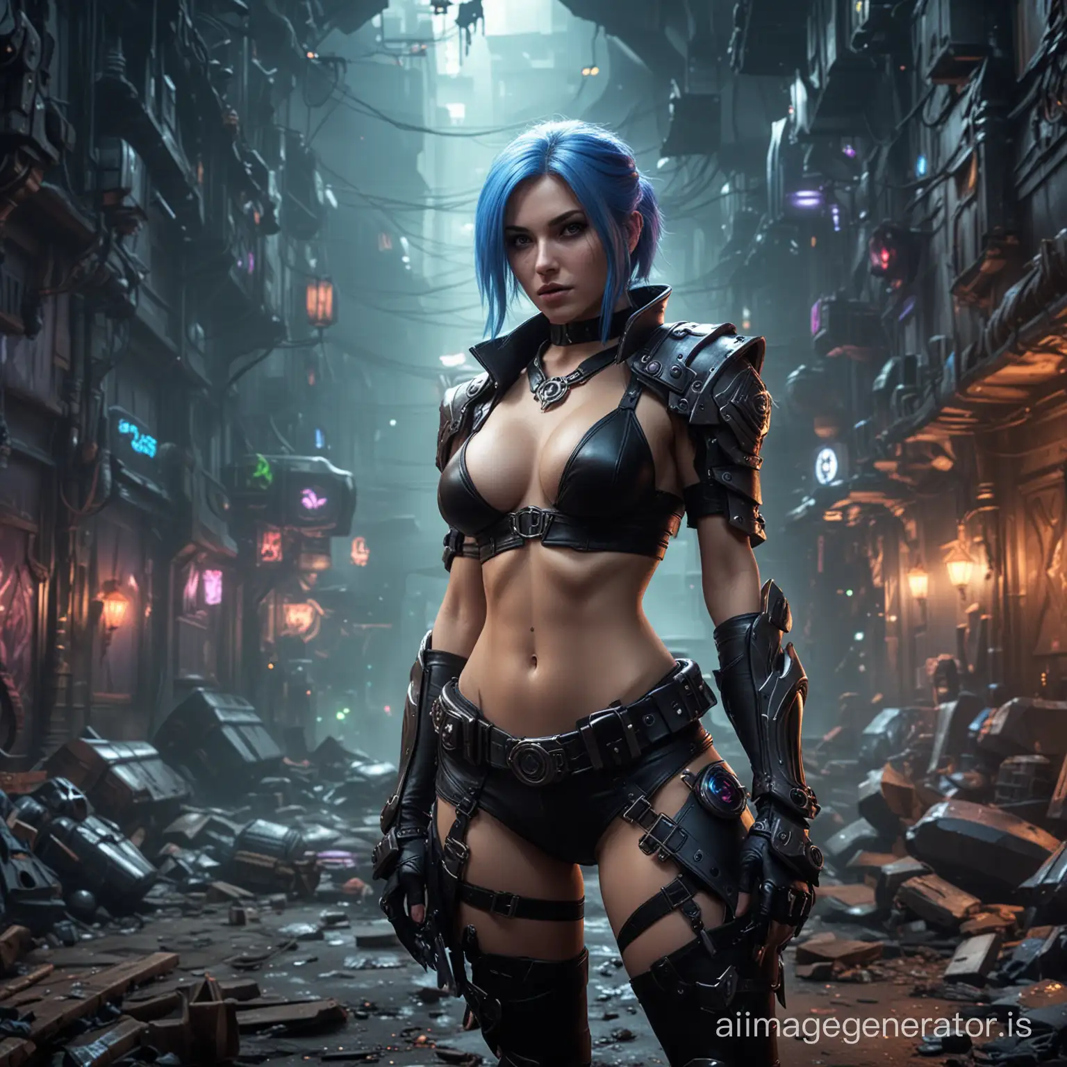 (erotic photo);(("League of Legends","Jinx"));neon lighting, Giger-style abandoned world location;(full body), dramatic, extreme composition, realism, complex details, cinematic frame, lighting, photography lighting, ArtStation gallery, behance photography, professional photography, without stickers, UHD, flirty woman in leather, high-detail faces, group f/64
