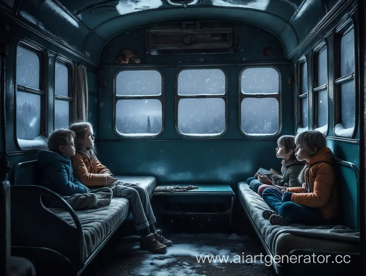 Apocalyptic-Bedtime-Stories-in-Abandoned-Train-Carriage-During-Snowstorm