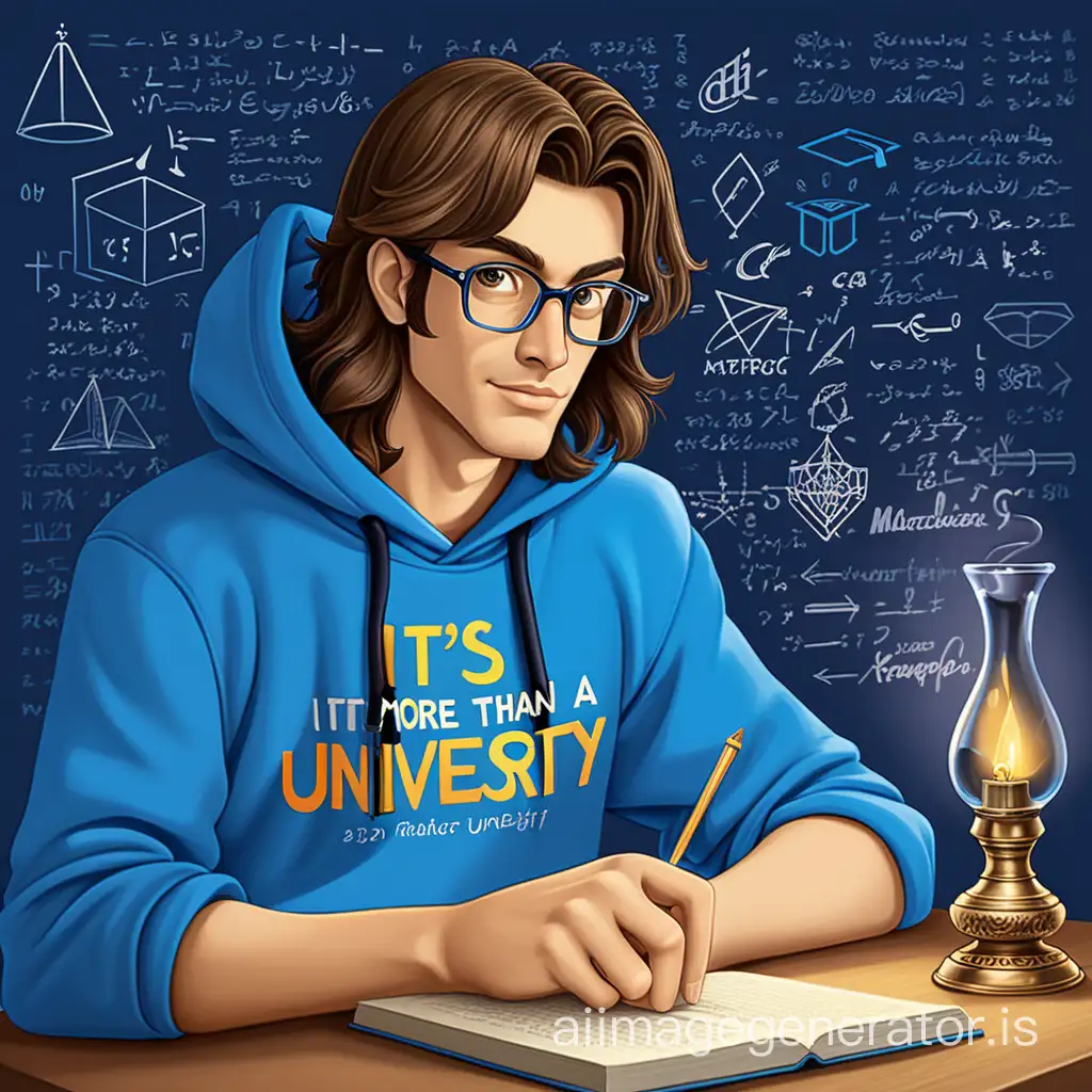 A mathematician guy with long brown hair, glasses with rectangular lenses, in a blue hoodie with the inscription "IT's MOre than a university" (this is the slogan and logo of a real university in St. Petersburg) holds an Aladdin lamp, from which matrices, vectors, and LINEAR ALGEBRA entries appear in the form of magic dust. THERE MUST BE MATRICES, VECTORS, TENSORS IN THE PICTURE.