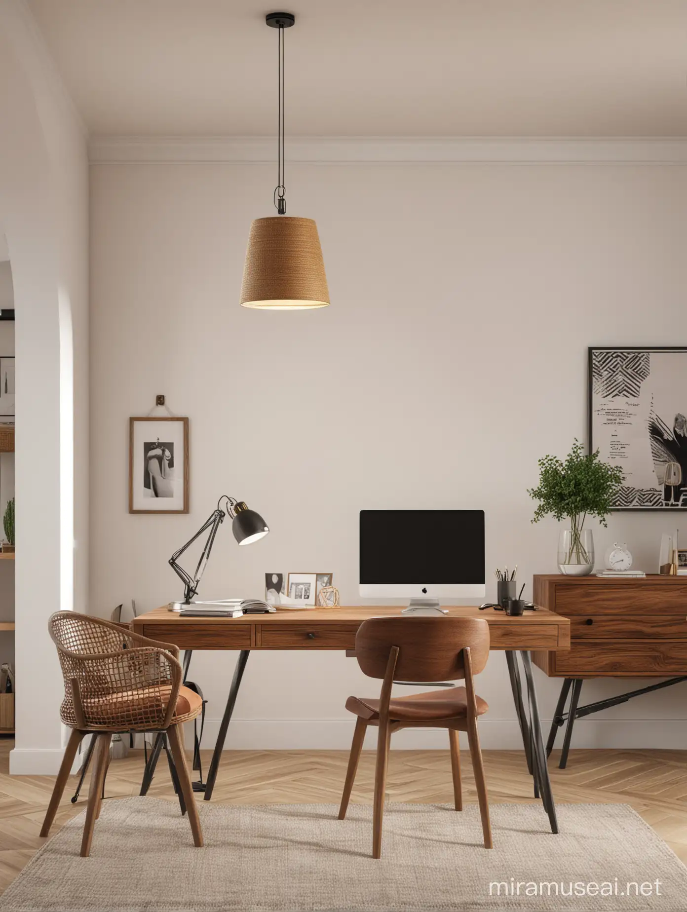 generate visualisation of home office in modern, minimalistic, andalusian style with andalusian accents, modern pendant lamp,modern desk lamp