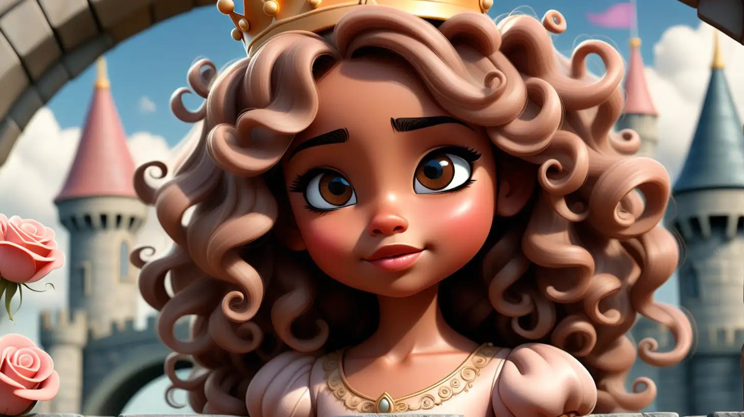 A beautiful 7 year old girl, cute, light brown skin, big hazel eyes long black eyelashes, blush, beautiful lips, round face,  extremely long brown detailed curly hair, dress, disney style, cartoon character, pensive, sun light shining on her face, sky, clouds,happy, princess with a crown, standing on castle bridge, roses