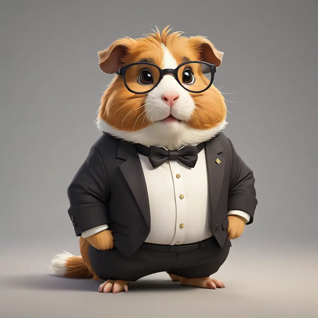 a cute Guinea pig in cartoon style in full body with formal Style clothes with glasses with clear background