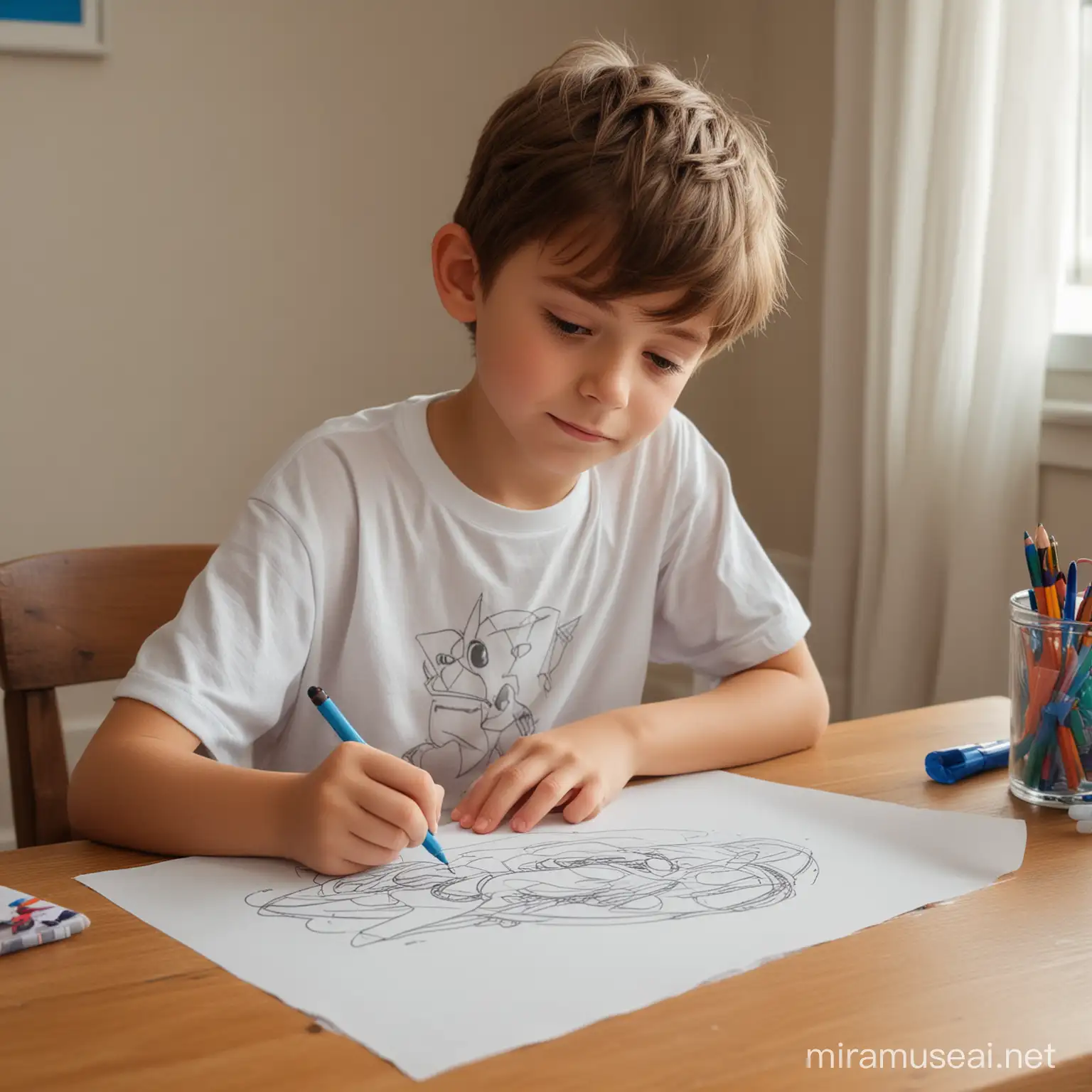 Boy Drawing on Paper in PixarStyle Childrens Room