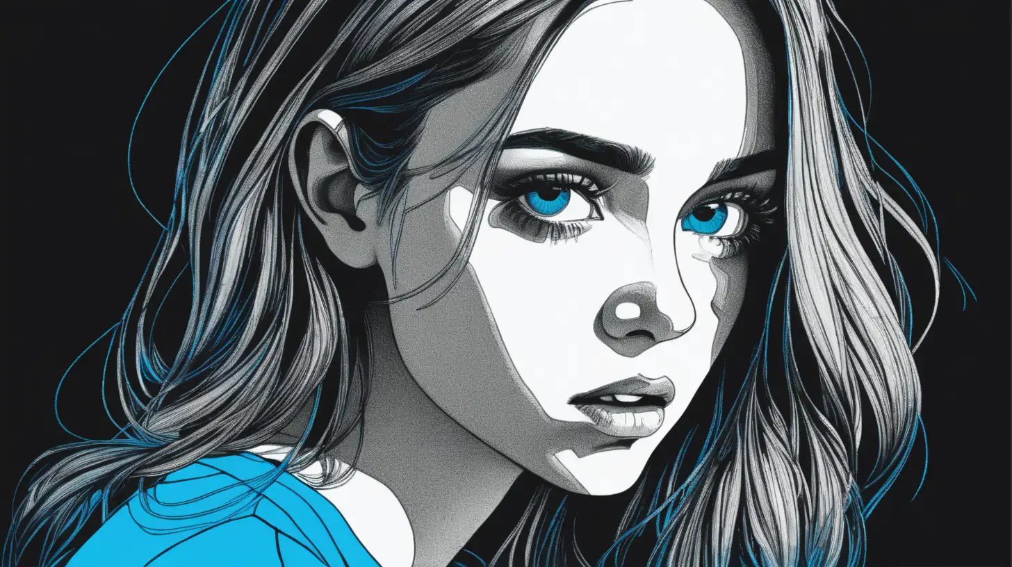 black and white illustration of woman looking intently on the camera wearing neon blue top. on a black background