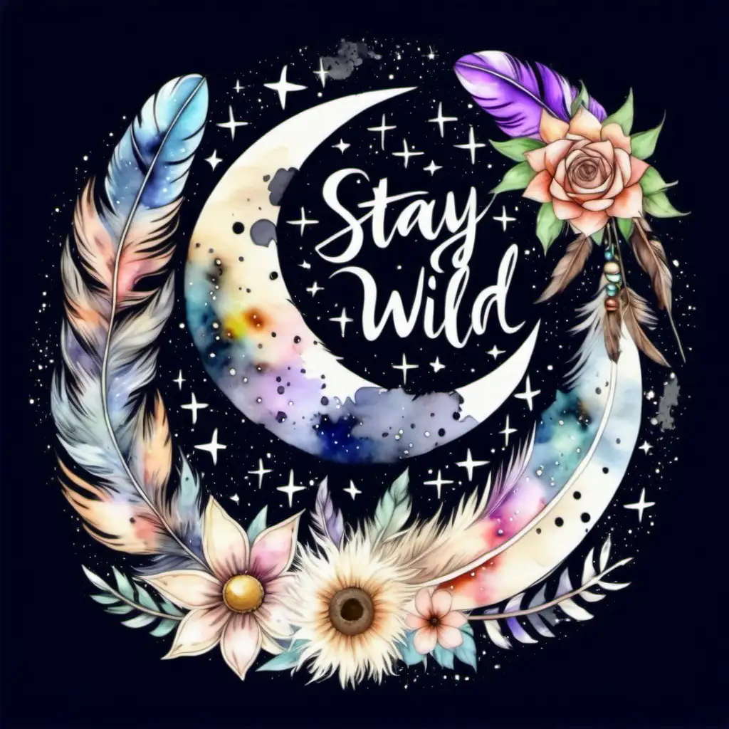 Boho,moon, space, stars, transparent background, water colour, paint splatter, flowers, stay wild moon child phrase , feathers 