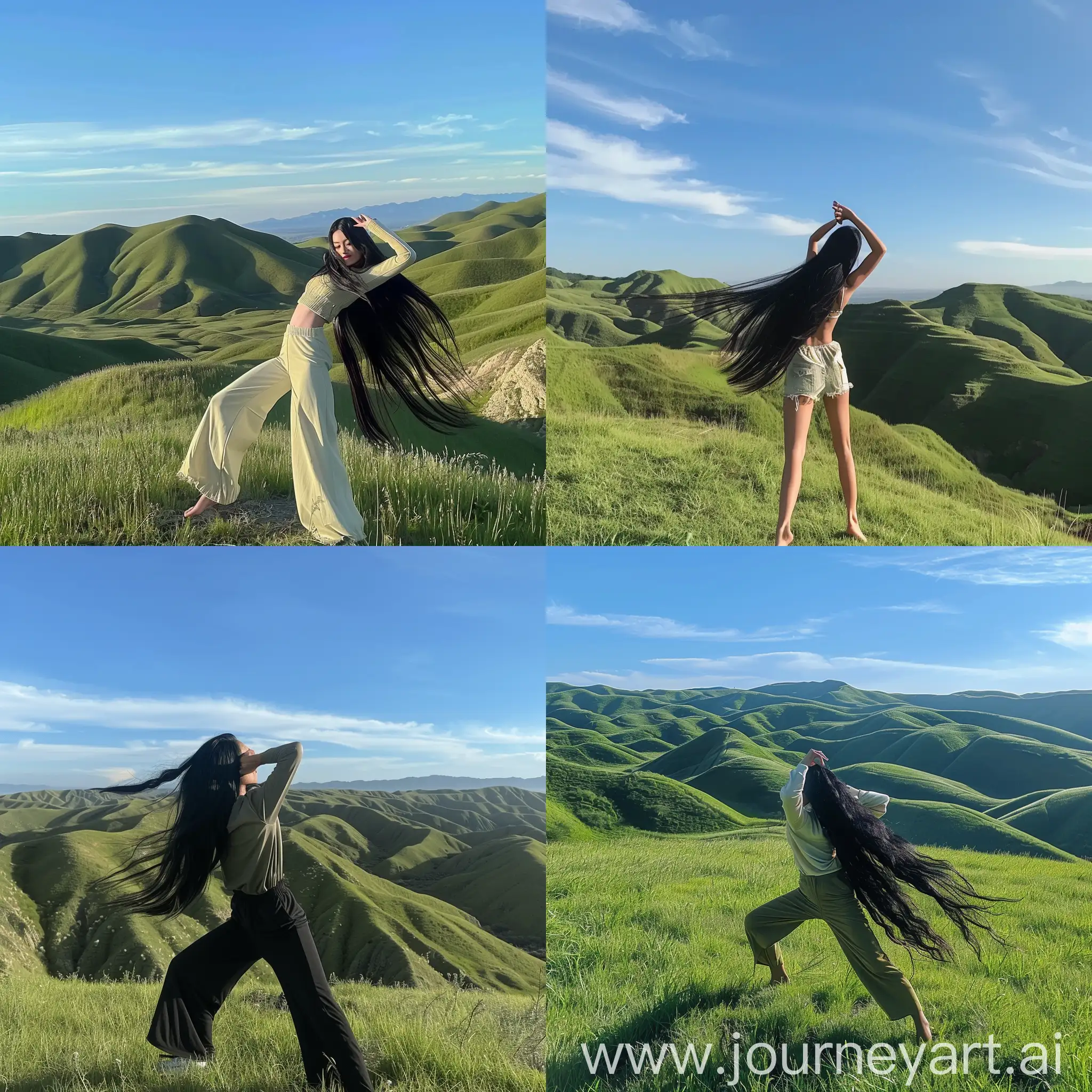 Aesthetic instagram picture real person, girl with long black hair doing a dabbing pose on a grassy hill with more hills and blue sky in the background 