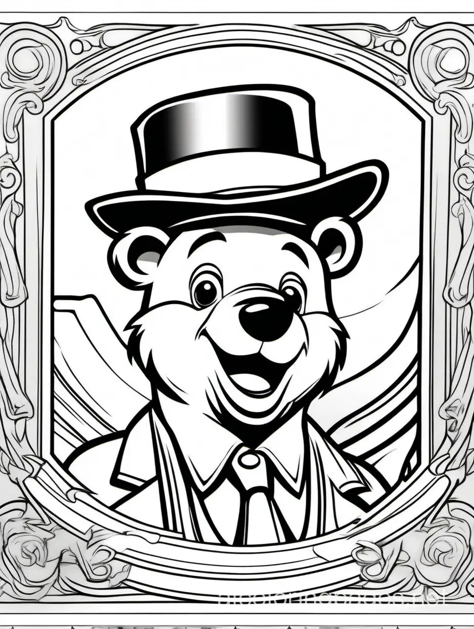 vintage travel poster style, black and white, including adorable yogi bear smiling, Portrait View, looking straight ahead, Perfect composition golden ratio, masterpiece, best quality, 4k, sharp focus. Perfect anatomy, Coloring Page, black and white, line art, white background, Simplicity, Ample White Space. The background of the coloring page is plain white to make it easy for young children to color within the lines. The outlines of all the subjects are easy to distinguish, making it simple for kids to color without too much difficulty