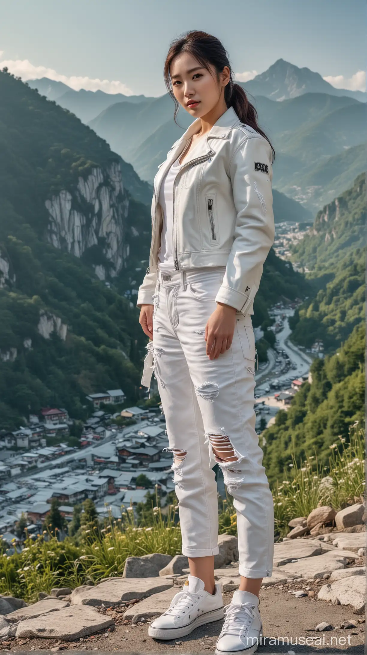 Seorang wanita korea cantik memakai jaket kulit putih dan celana Levis panjang sobek, memakai sepatu sneakers, berdiri berpose wajah menghadap kamera,di bawah kaki gunung Swiss  ,resolusi ultra HDR extreme 32K, lensa 800mm, realistis , hiperrealistik, fotografi profesional, gambar sempurna tidak cacat