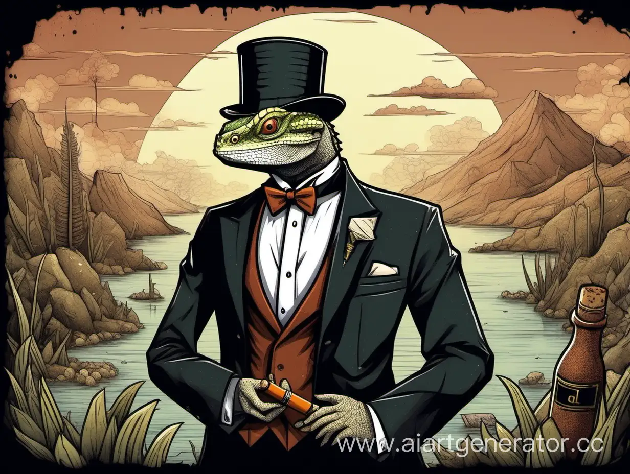Eccentric-Tuxedoed-Gentleman-with-Bearded-Dragon-Head-and-Cigar