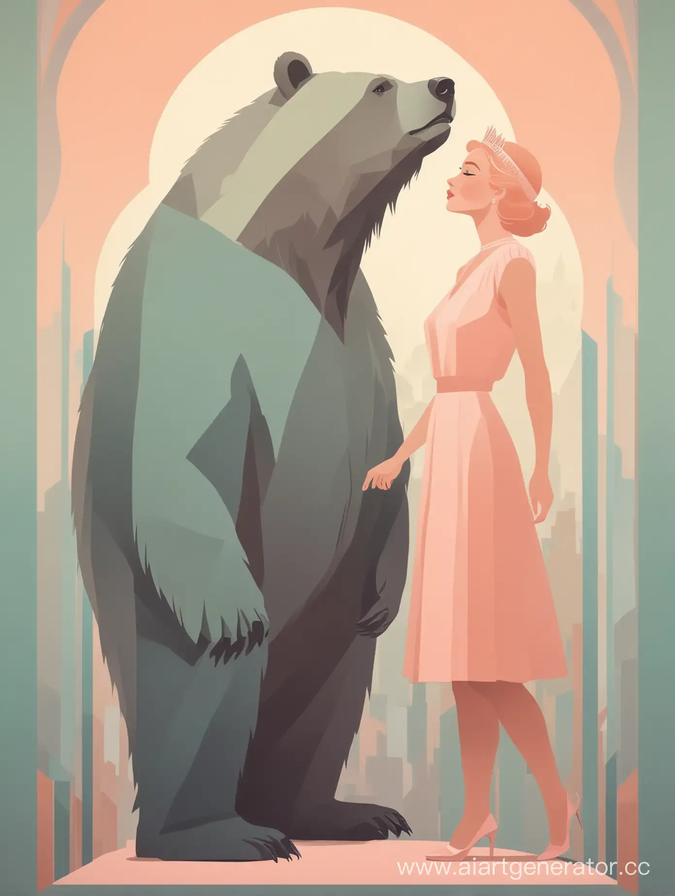 постер в стиле арт деко в пастельных цветах минимализм из тени мужчины превращается медведь и рядом принцесса 