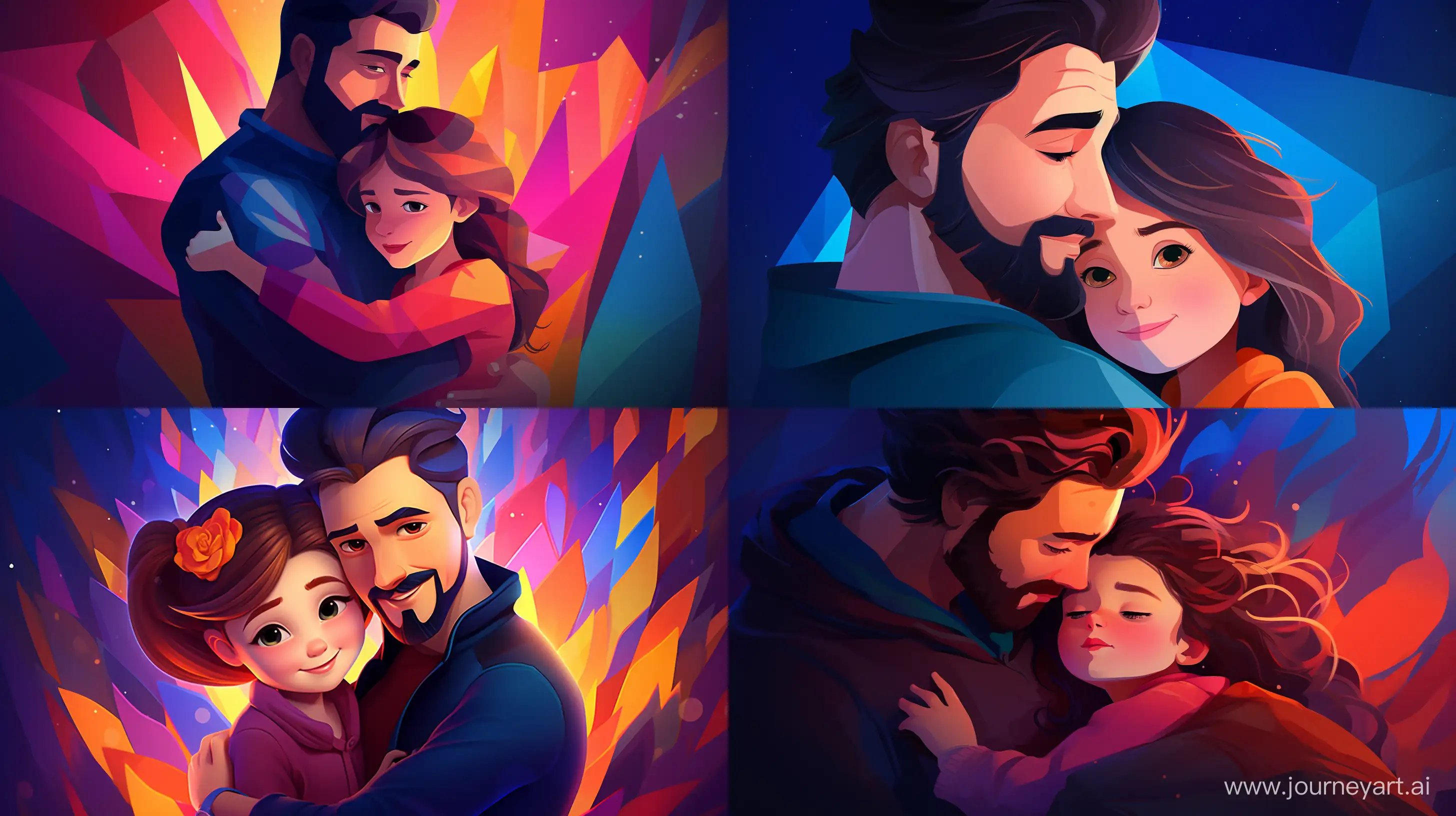 Cartoonic image of Father and Daughter in each other's arms, Disney Studio, Affinity Designer designer, Hot Color theme, High Precision, Midjourney V6 --ar 16:9