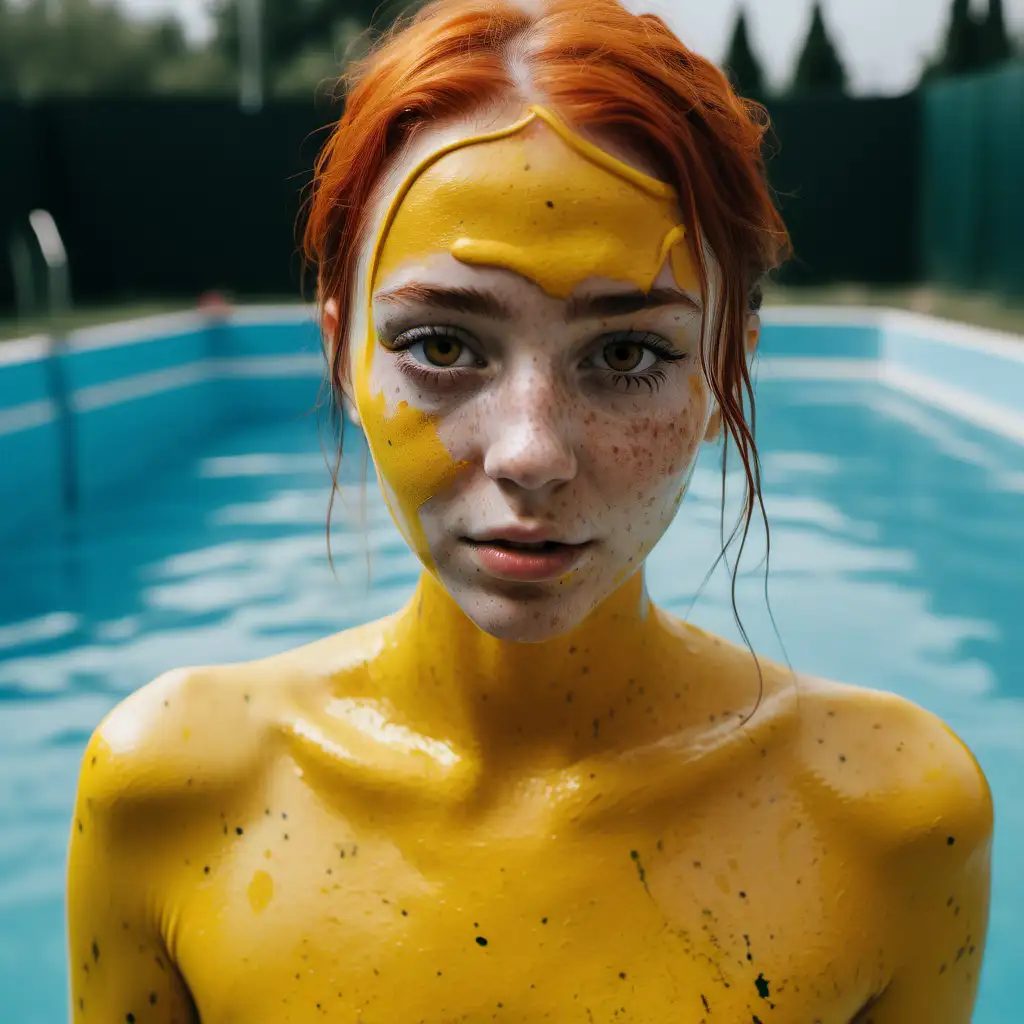 Portrait of a 27YearOld Freckled Woman Covered in Yellow Paint in an Empty Swimming Pool