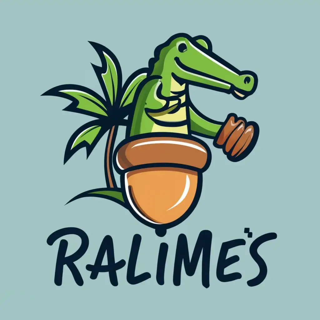 logo, use an acorn that surrounds a palm tree with a crocodile attached, with the text "Ralimes", typography, be used in Sports Fitness industry