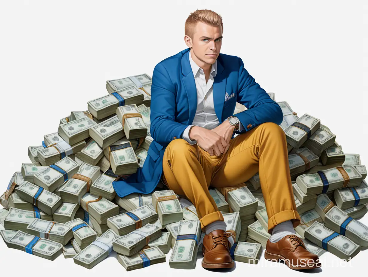 Un hombre vestido de saco azul y pantalón color ocre, con camisa blanca está sentado sobre una pila de dólares.