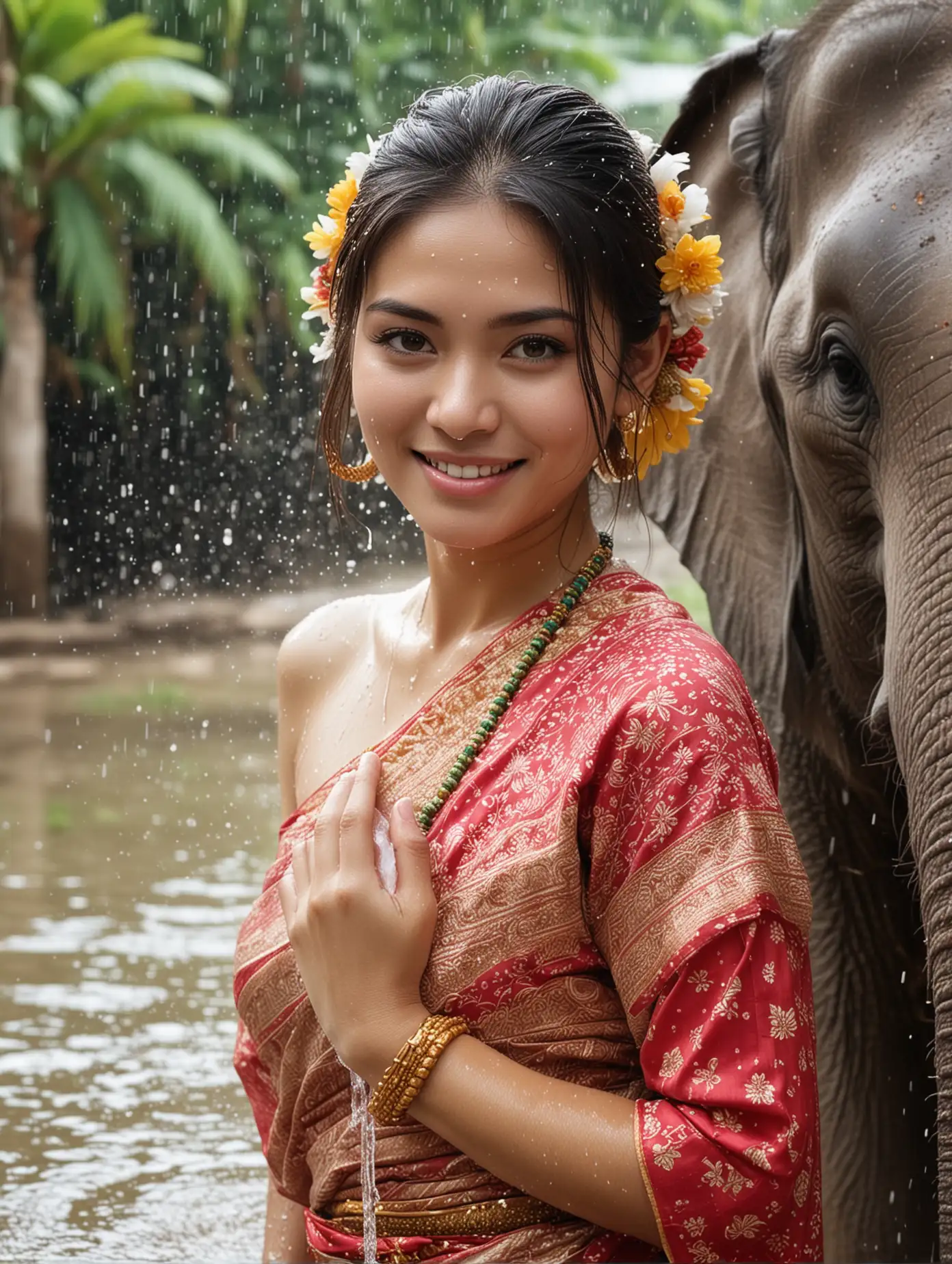 Thai girl model,, dressed in traditional Thai clothes, with a strong festive atmosphere, Elephant， holding water , facing the camera, joyfully splashing each other with water during the New Year celebration, water droplets splashing on her face, exquisite facial features, Thailand Water Songkran scene, with coconut trees in the background, water splashing violently in front of the camera, strong lens sense，full-body shot