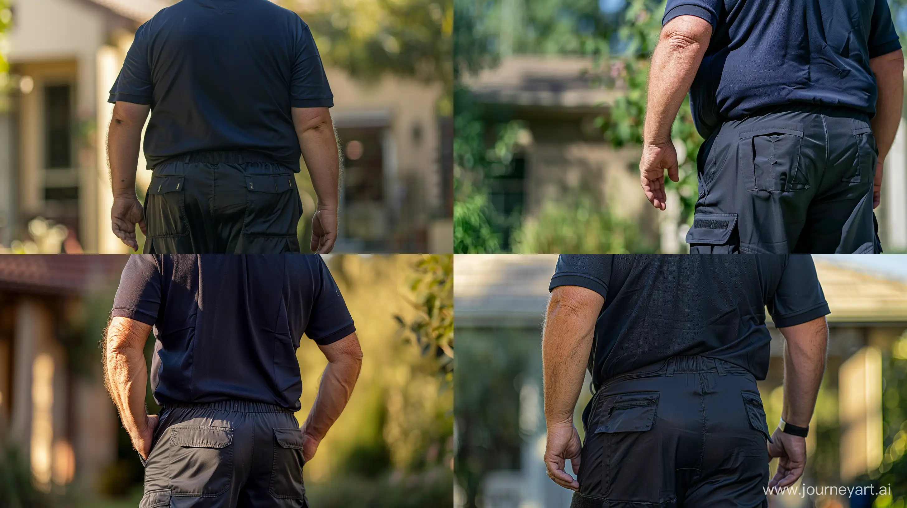 Back view close-up photo of a fat man aged 60 wearing a silk navy tactical pants and a tucked in silk navy polo shirt. Standing outside. Summer. Noon. --style raw --ar 16:9
